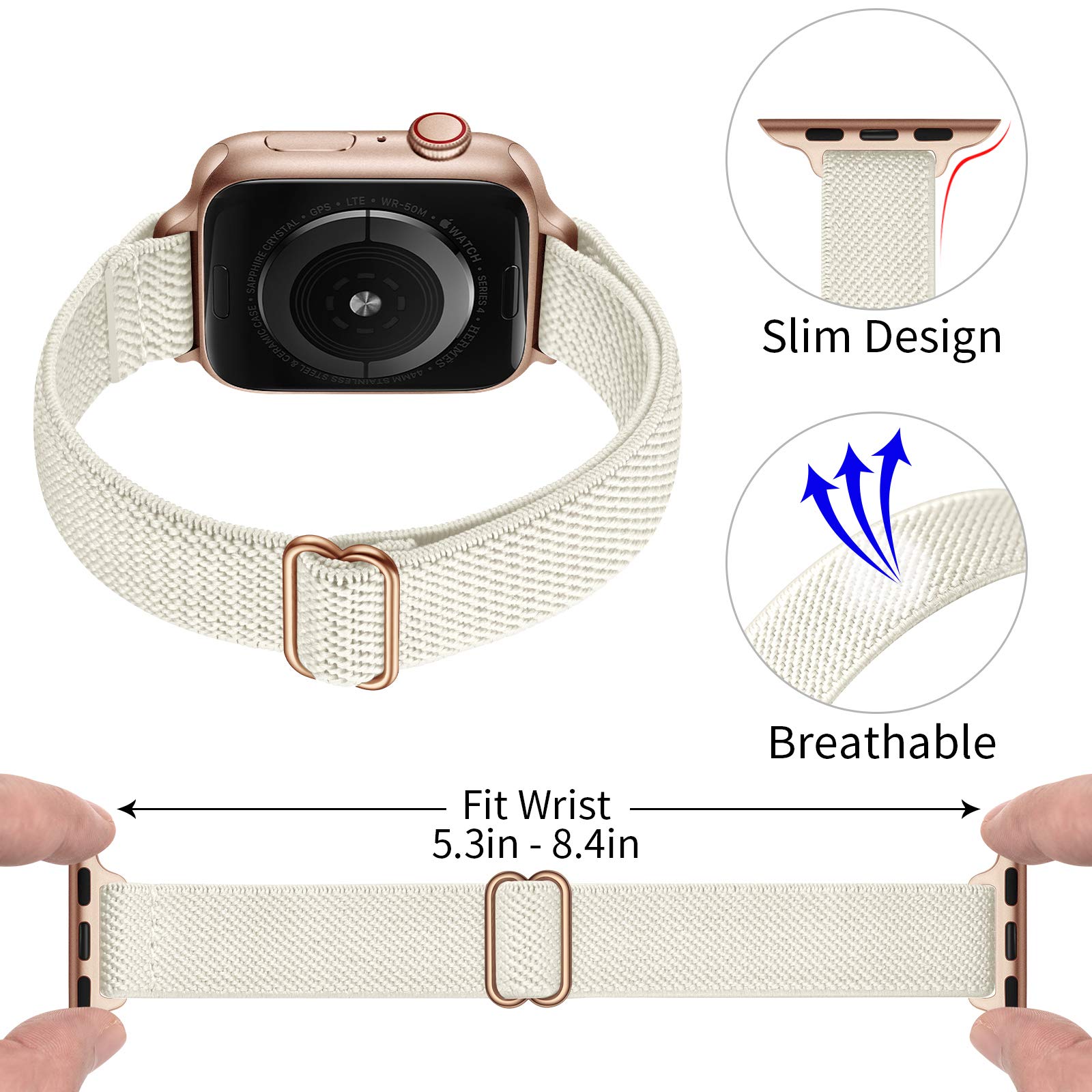 SICCIDEN Slim Stretchy Apple Watch Bands for Women - Elastic Nylon Thin Strap Compatible with iWatch Ultra 2/1, SE, Series 10/9/8/7/6/5/4/3/2/1 (46mm/49mm/45mm/44mm/42mm) - Ivory White & Rose Gold - Perfect for Workouts, Running, Yoga & Everyday Wear