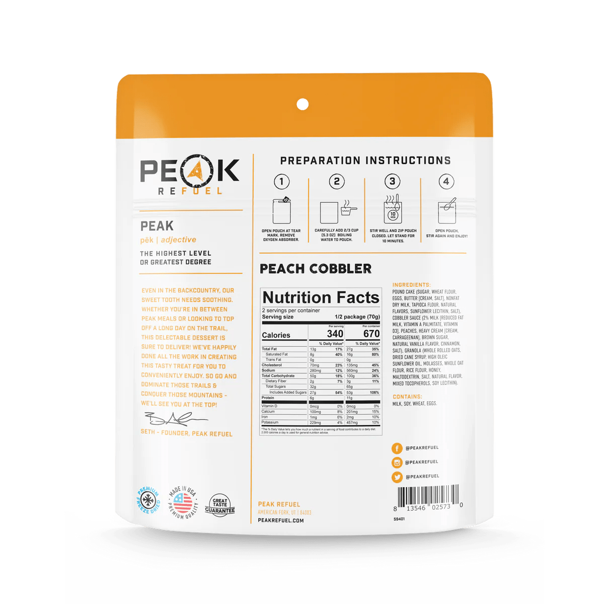 PEAK REFUEL Peach Cobbler Protein Bar - High Protein Snack for Hiking, Camping & Post-Workout Recovery - Gluten Free & Vegan Friendly Energy Bar
