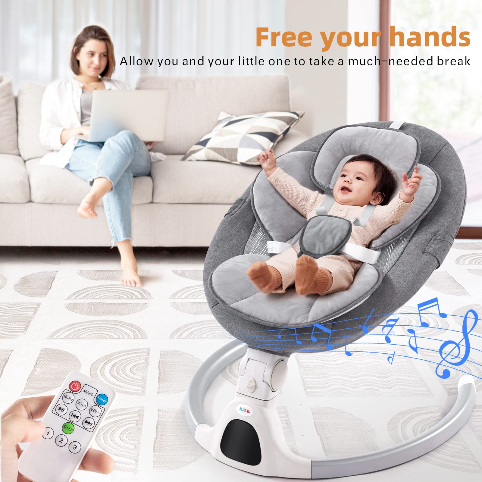 Jaoul Baby Swing for Infants - Electric Portable Newborn Bouncer with Bluetooth, Touch Screen & Remote Control, 5 Speed Settings, 3 Reclining Positions - Perfect for Nursery, Daycare or Travel (Gray)