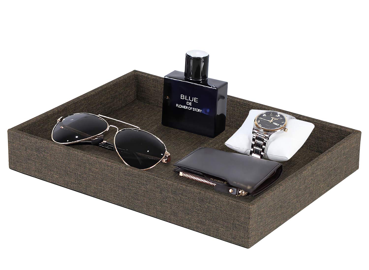 Premium HofferRuffer Leather Desktop Organizer Tray - Stylish Vanity Jewelry & Perfume Storage Box - Dresser Catchall Tray for Keys, Coins, Watches - Perfect for Home Office & Bedroom Decor (Brown Black Faux Leather)