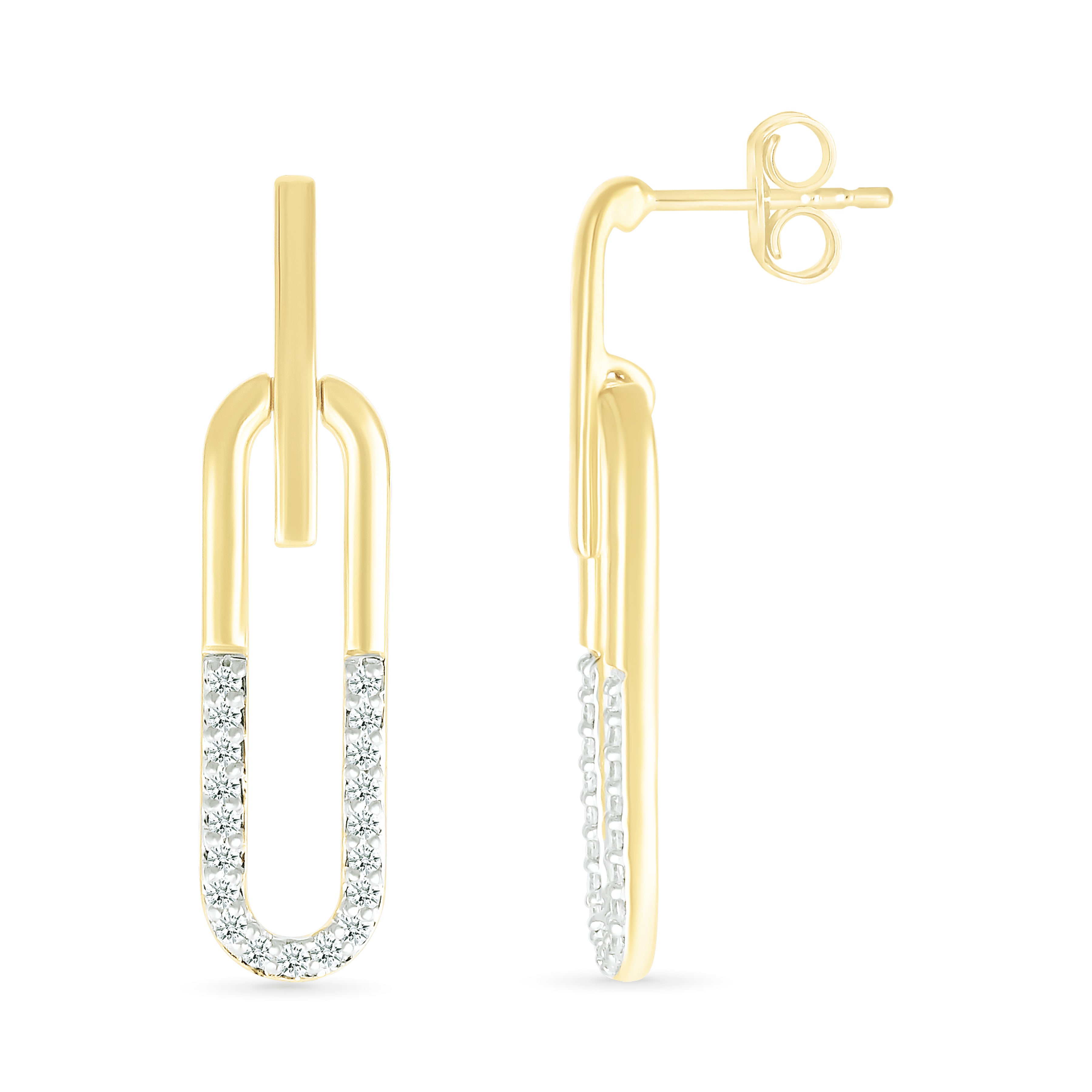 10k Yellow Gold Dangling Paperclip Diamond Stud Earrings - Elegant & Durable for Everyday Wear, Parties & Special Occasions