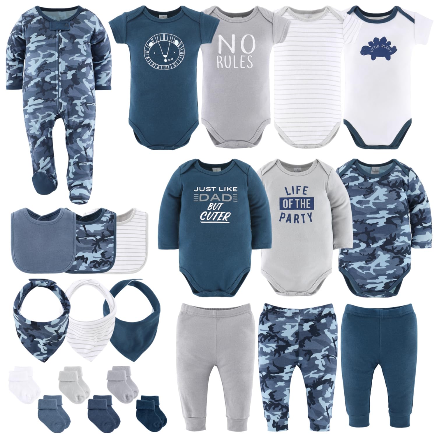 The Peanutshell Baby Layette Gift Set for Boys - 23-Piece Newborn to 24 Months Baby Clothes Set - Blue Camo Print - Perfect for Baby Showers, Birthdays & Newborn Essentials
