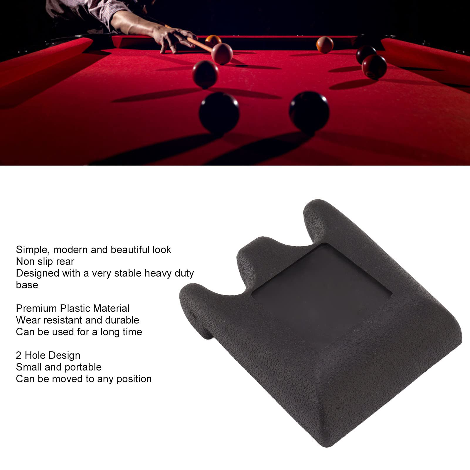 Heavy Duty Black Plastic Pool Cue Holder with Non-Slip Base - 2 Hole Portable Pool Stick Rest for Tables, Chairs & Horizontal Surfaces | Perfect for Home Game Rooms, Bars & Pool Halls