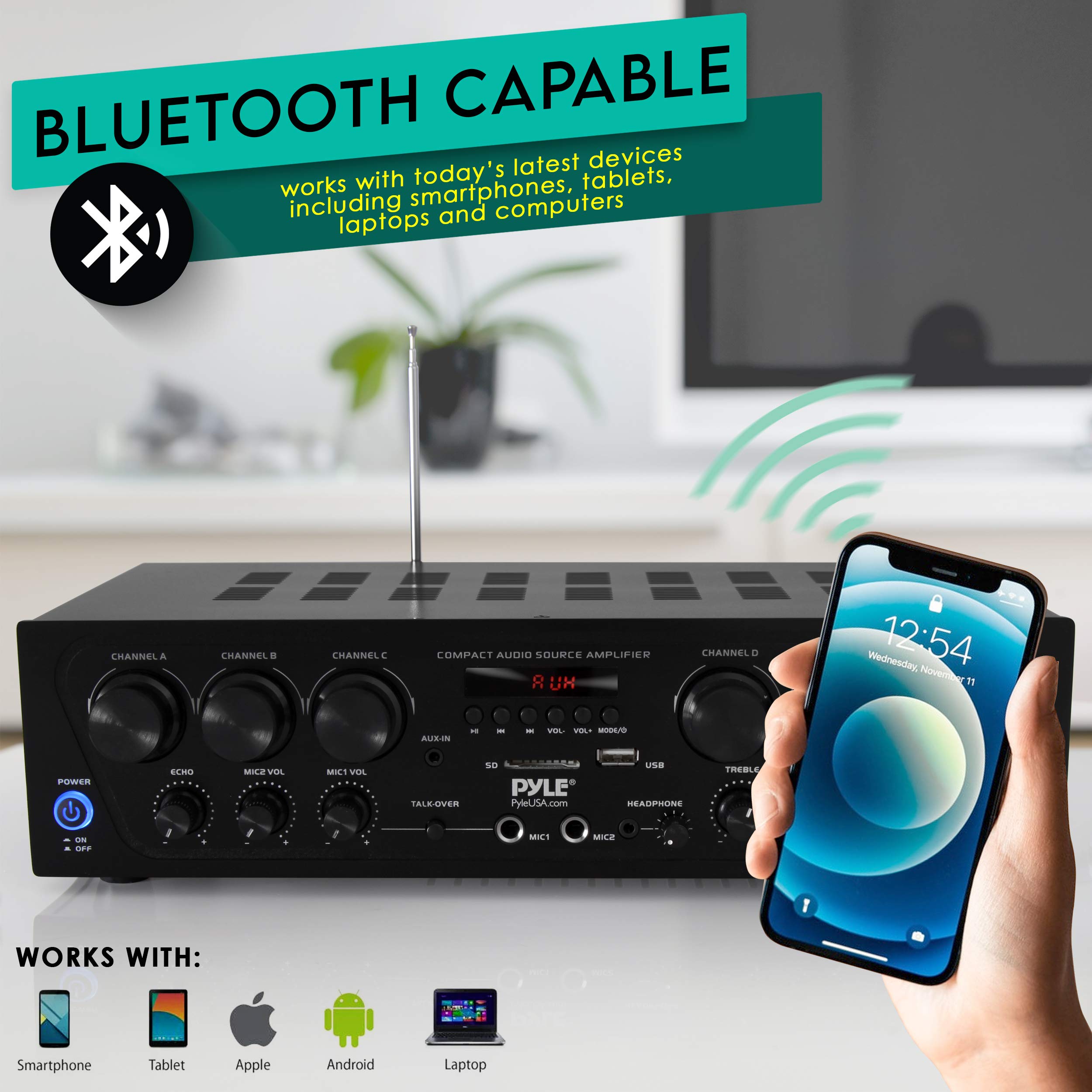 Pyle Wireless Bluetooth Home Audio Amplifier System - 750W 6-Channel Stereo Receiver with 3-Way Mini Speakers, USB, Micro SD, Headphone & Dual Mic Inputs with Echo - Perfect for Home Theater, Karaoke & Party Sound System