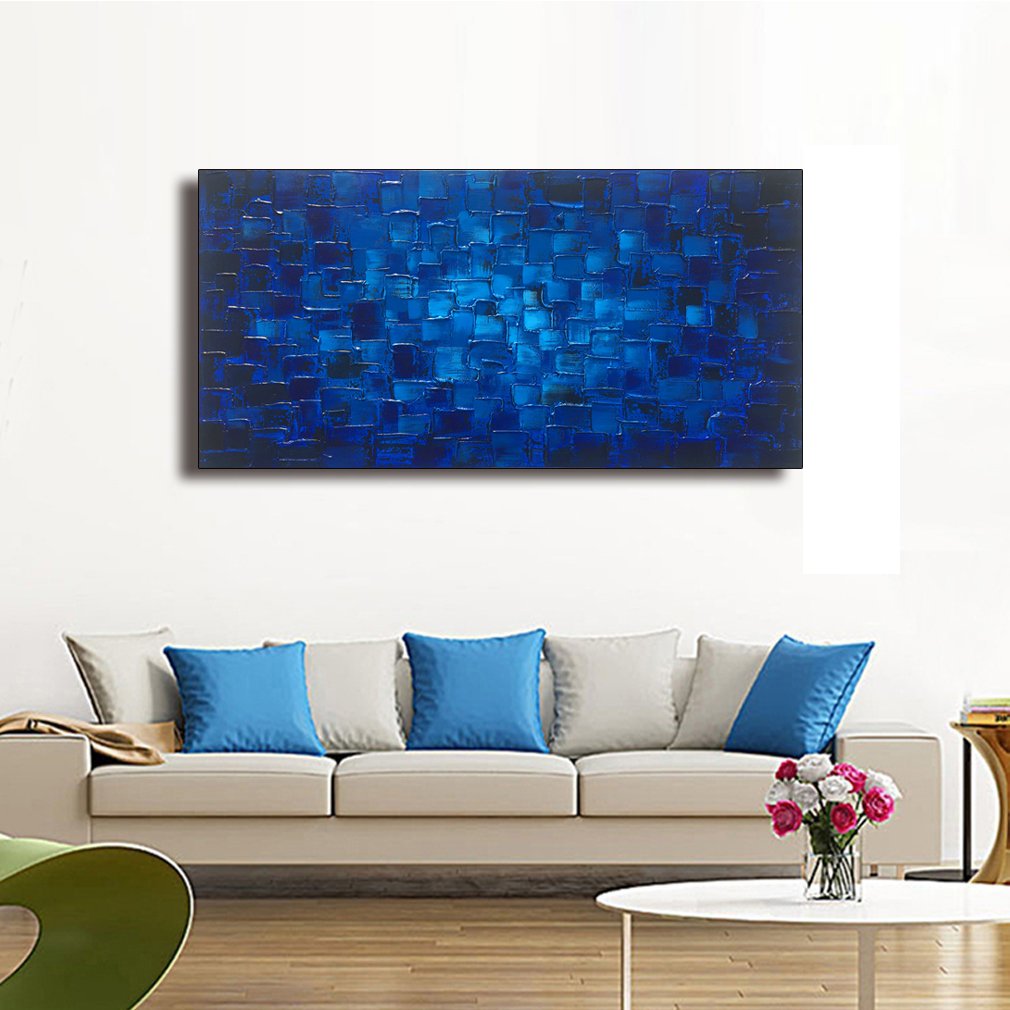 Large Abstract Dark Blue Square Wall Art - Hand Painted Textured Oil Painting on Canvas (60x30 inches) Ready to Hang - Perfect for Living Room, Bedroom & Office Decor