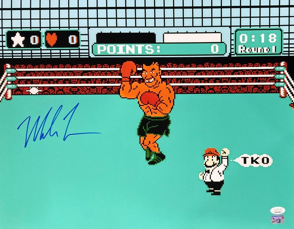 Mike Tyson Autographed Blue 16x20 Boxing Punch Out Photo with JSA ITP Certificate - Perfect for Boxing Memorabilia Collectors and Sports Fans Decor