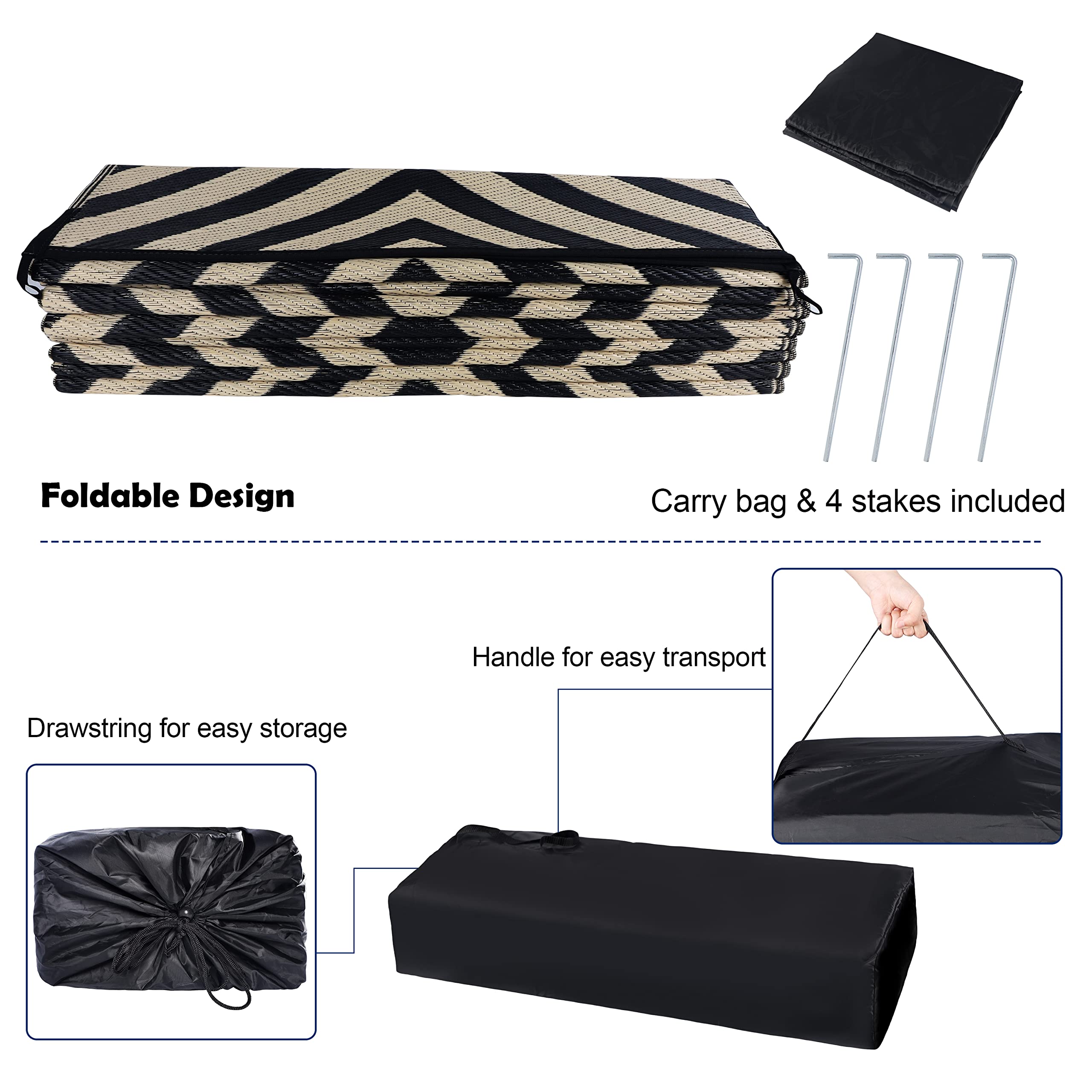 Reversible Outdoor Patio Rugs - Plastic Straw Floor Mats for RV, Deck, Backyard, Beach & Camping | Diamond Black & Beige 9'x18' Modern Area Rug | Perfect for Picnics, Trailers & Outdoor Living Spaces