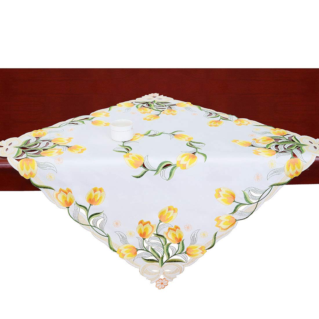 Simhomsen 33x33 Inch Yellow Embroidered Tulip Floral Square Tablecloth - Spring & Easter Table Cover for End Table, Coffee Table, Nightstand - Perfect for Home Decor, Tea Parties & Seasonal Celebrations