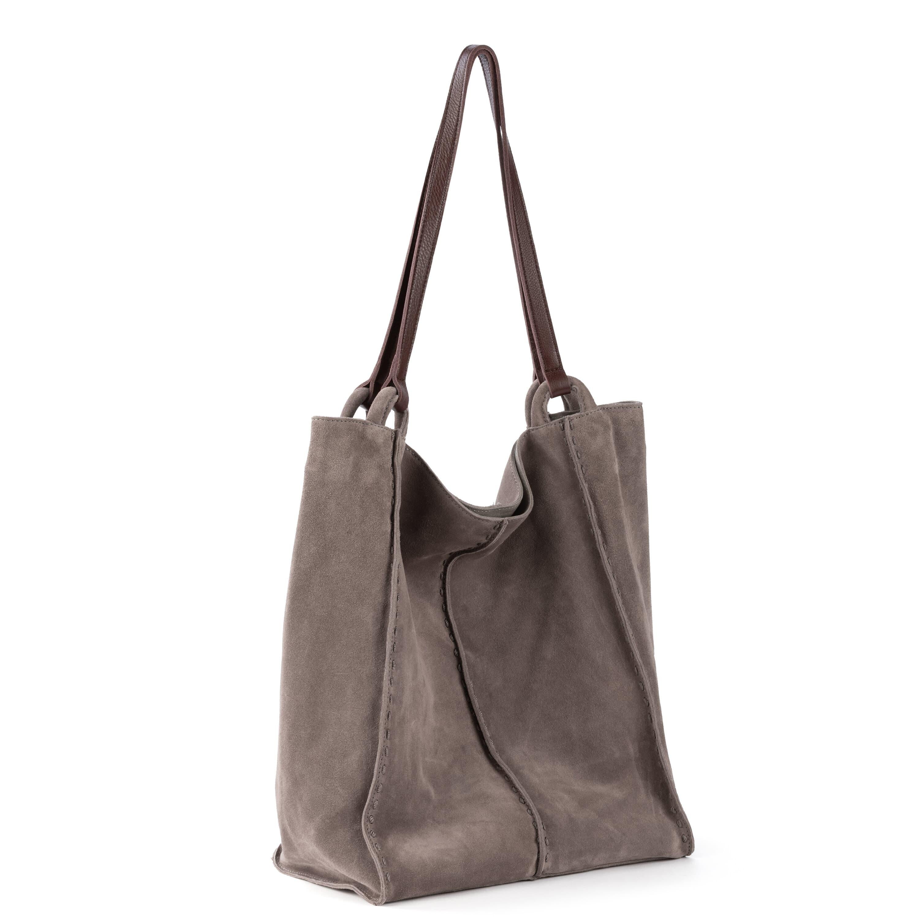 Premium Los Feliz Tall Leather Tote Bag in Mushroom Suede - Stylish & Spacious Handbag for Work, Travel & Everyday Use