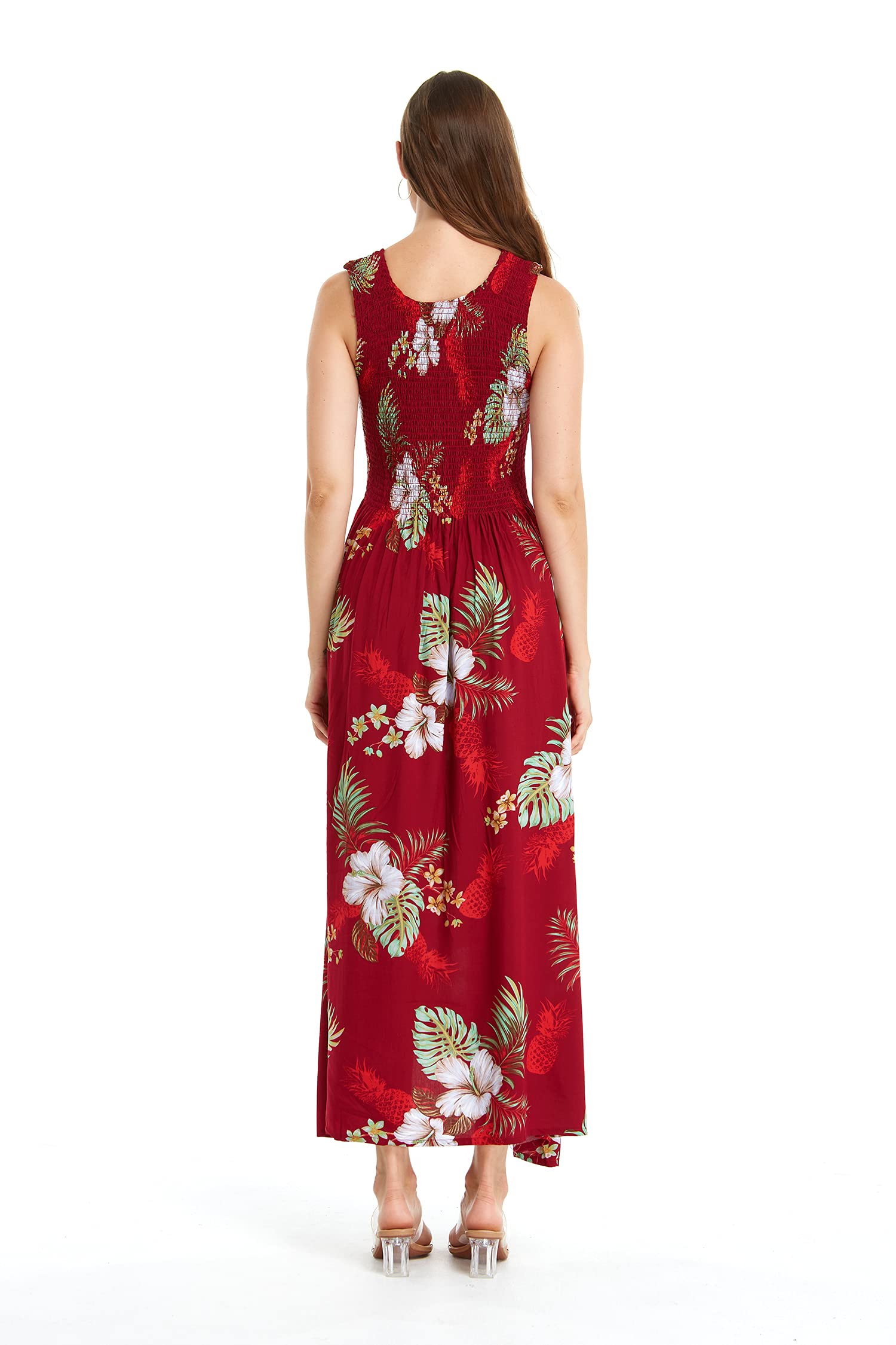 Women's Floral Hawaiian Maxi Tank Dress - Stretchy Elastic Waist Summer Luau Party Beach Dress for Tropical Vacation, Poolside, and Casual Outings