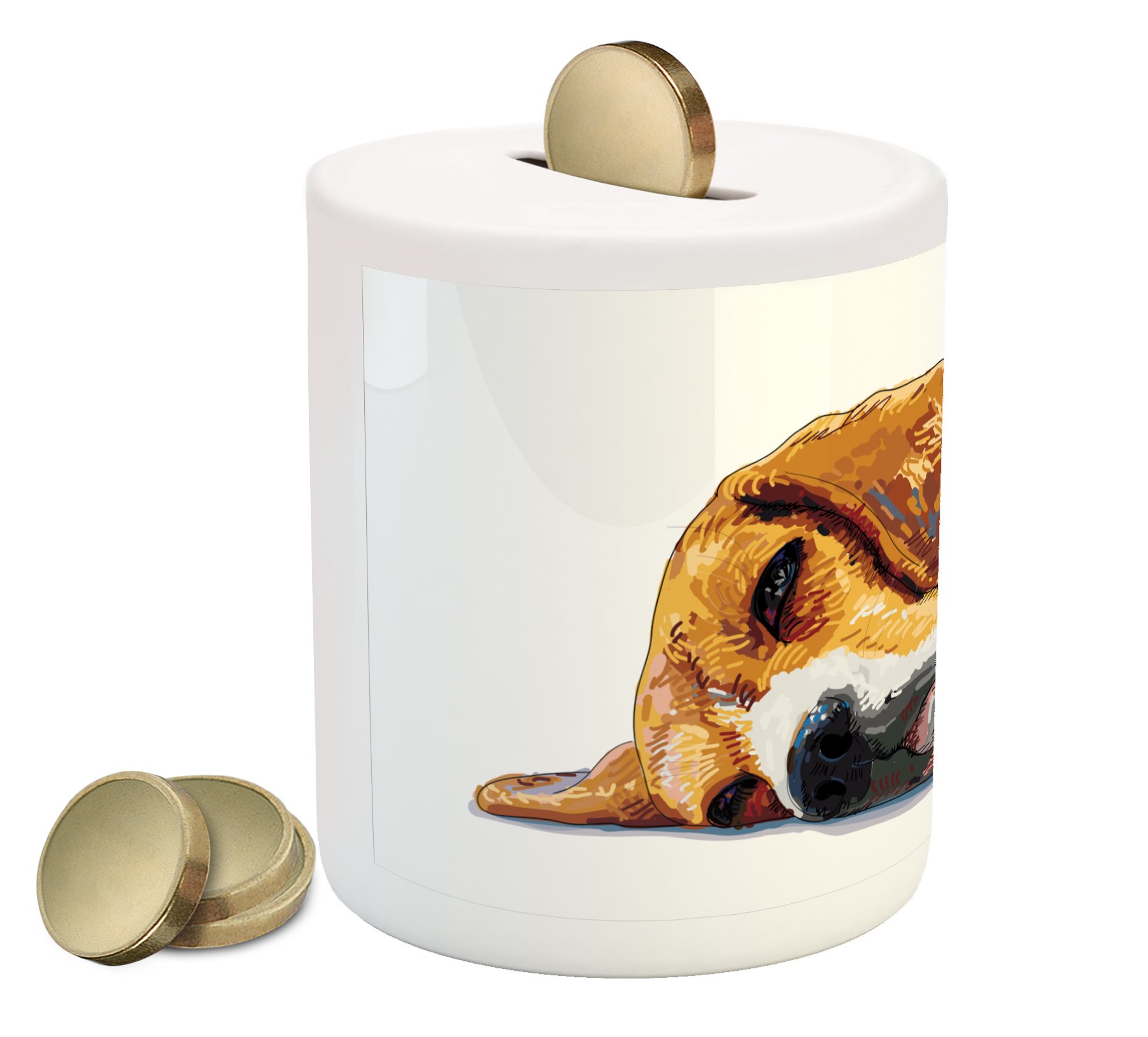 Ambesonne Ceramic Beagle Dog Piggy Bank - Cute Sleeping Puppy Money Box for Cash Savings, Coin Bank with Animal Illustration - Perfect Gift for Dog Lovers & Kids Room Decor (Cinnamon Brown/White) - Ideal for Birthday Presents, Savings Goals & Home Decor