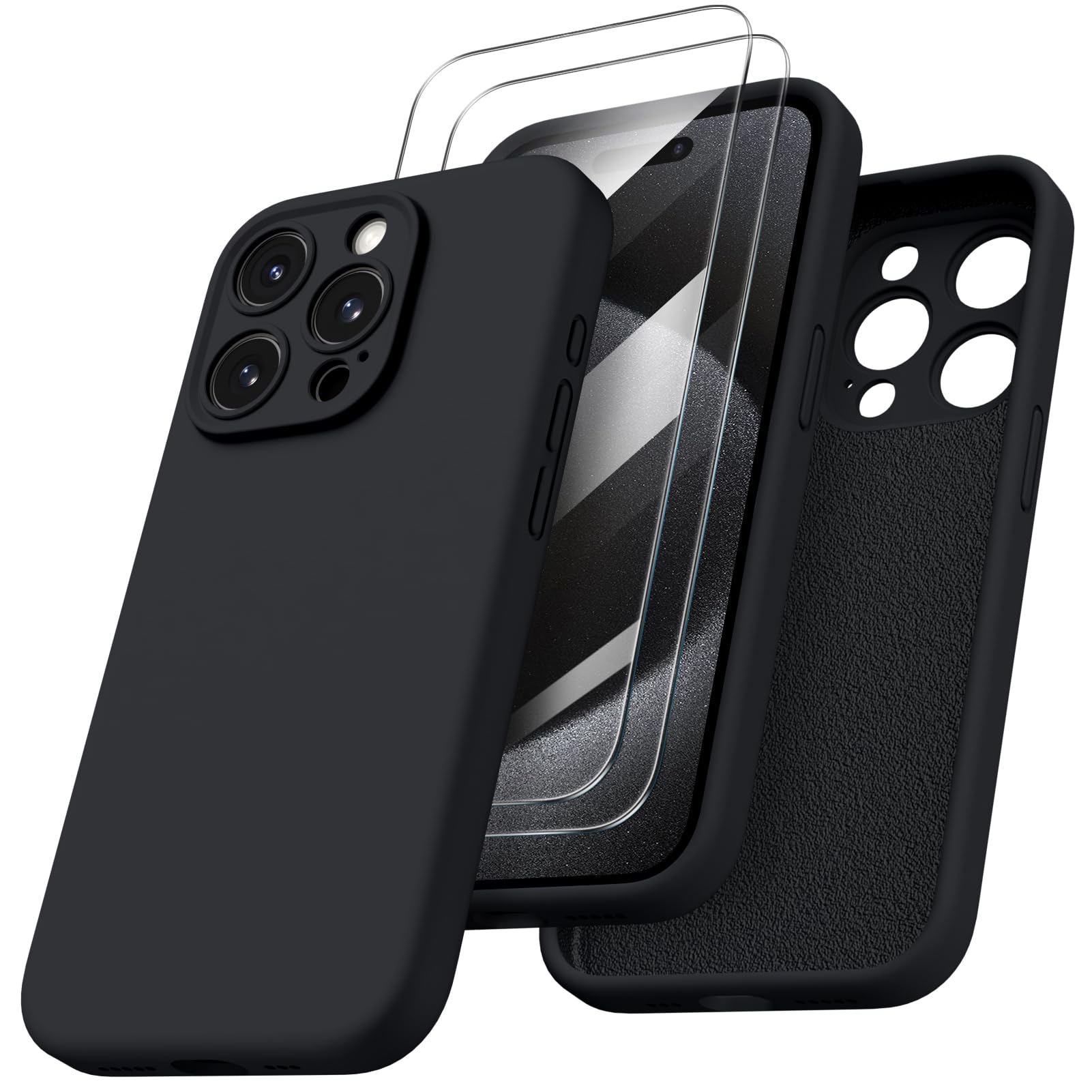 ORNARTO Shockproof Liquid Silicone Case for iPhone 15 Pro with 2 Pack Screen Protectors | Drop Protection Phone Cover | Slim Fit Durable Design | Perfect for Work, Travel & Outdoor Activities (Black)
