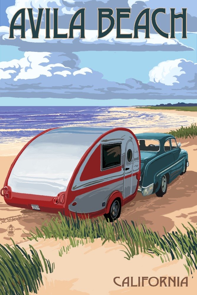 Vintage Retro Camper on Avila Beach, California - 12x18 Wall Art Poster for Coastal Home Decor, Living Room, Bedroom, or Office