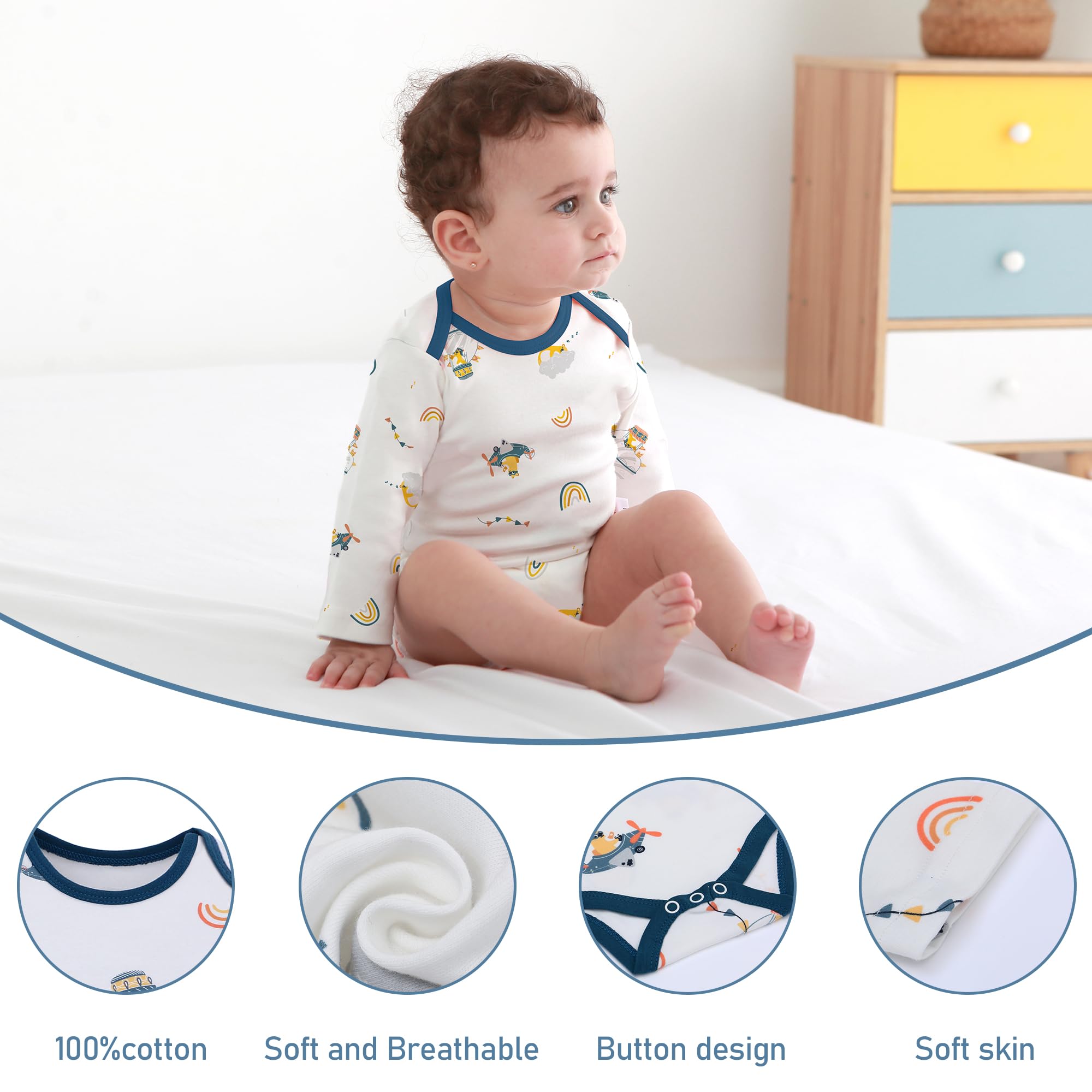 LAT Newborn Baby Boy Girl Outfits - 3Pcs Long Sleeve Romper with Pants & Hat Set | Soft Cotton Unisex Infant Clothes | Perfect for Photoshoots, Daily Wear & Gift Giving