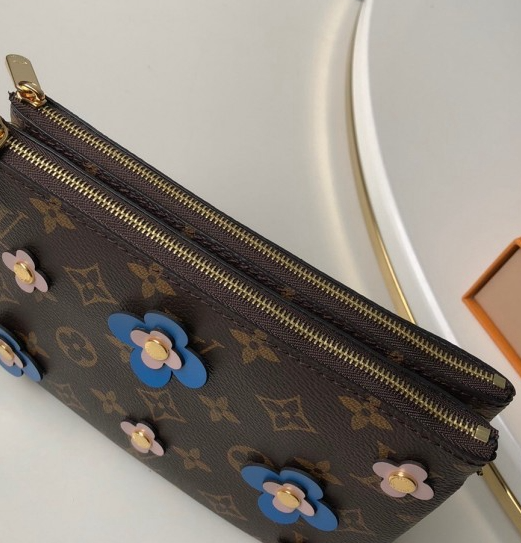 Authentic LV Pochette Double Zip Monogram Canvas Bag - Blue Blooming Flowers Design | Luxury Crossbody Purse for Women | Perfect for Date Night, Travel & Everyday Use