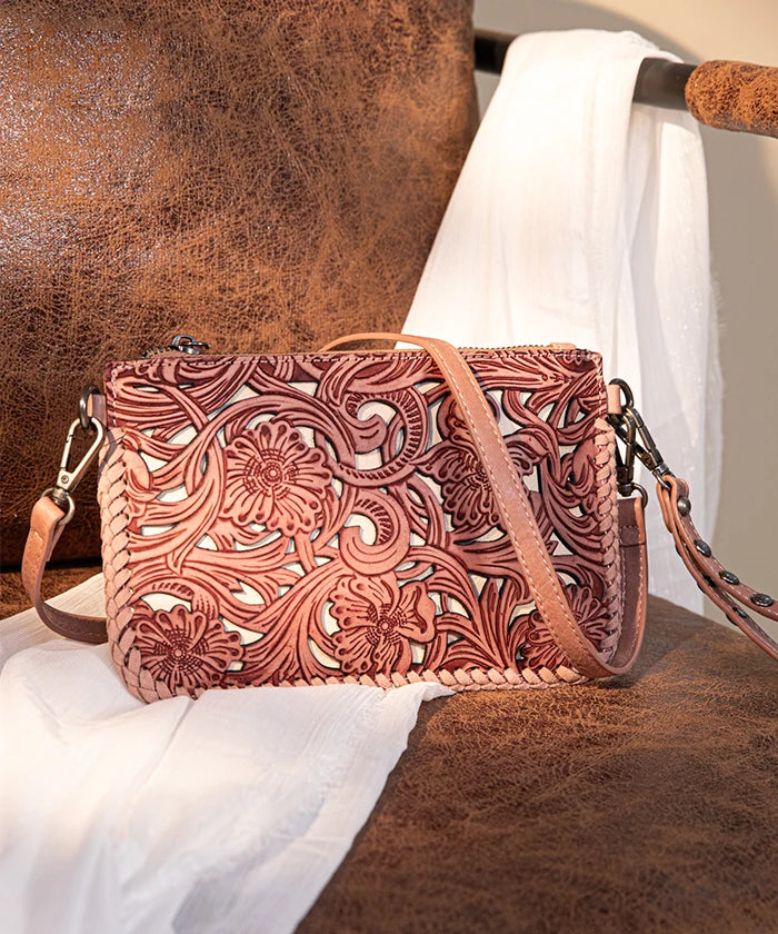 Trinity Ranch Genuine Leather Tooled Crossbody Purse for Women - Western Boho Handbag with Adjustable Strap - Perfect for Daily Use, Travel & Outdoor Events