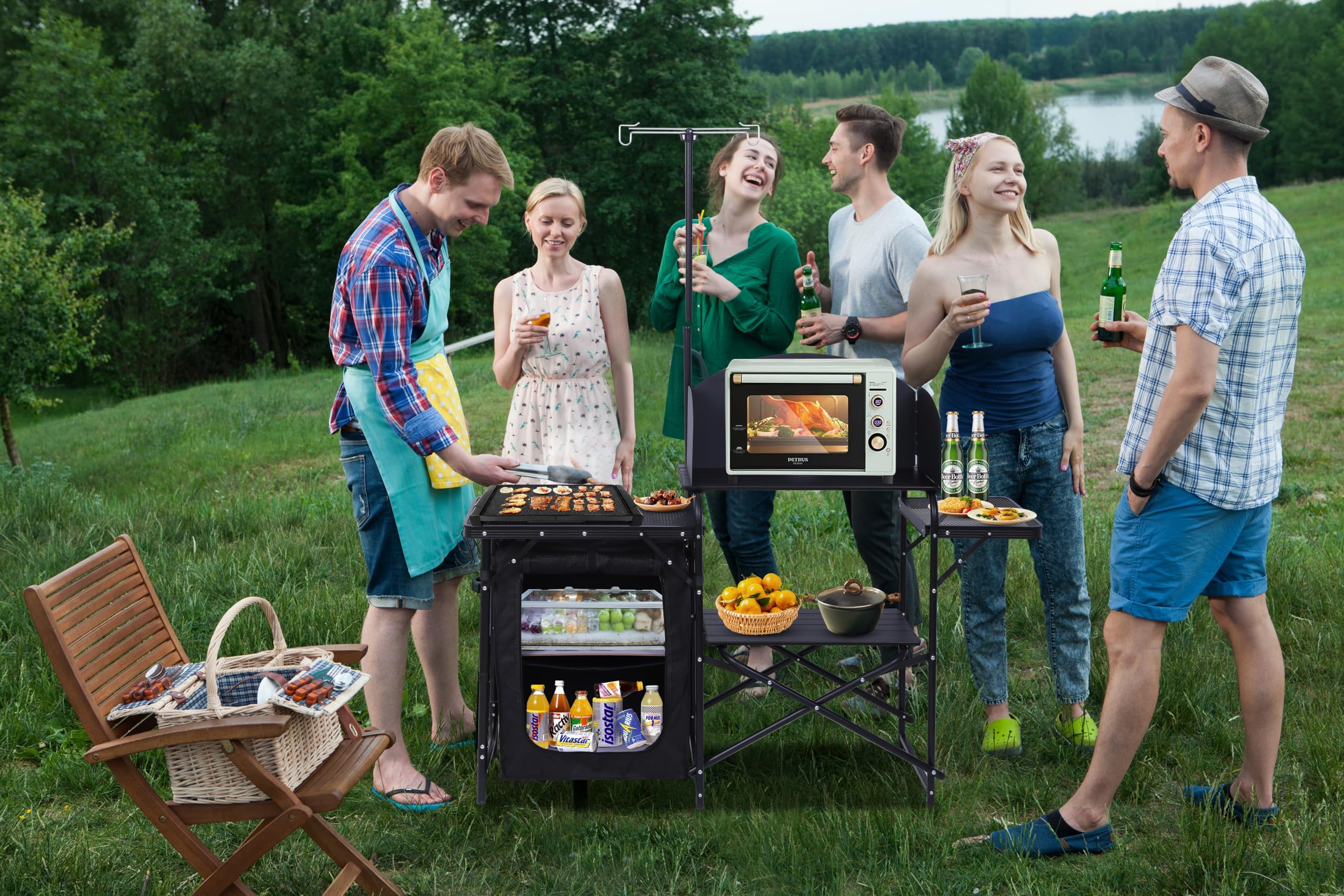 Premium Portable Camping Kitchen Station - Foldable Picnic Table & Grill Stand with Light & Windshield - Compact Cooking Organizer for Outdoor, Beach, BBQ & Tailgating - Includes Carry Bag (Black)
