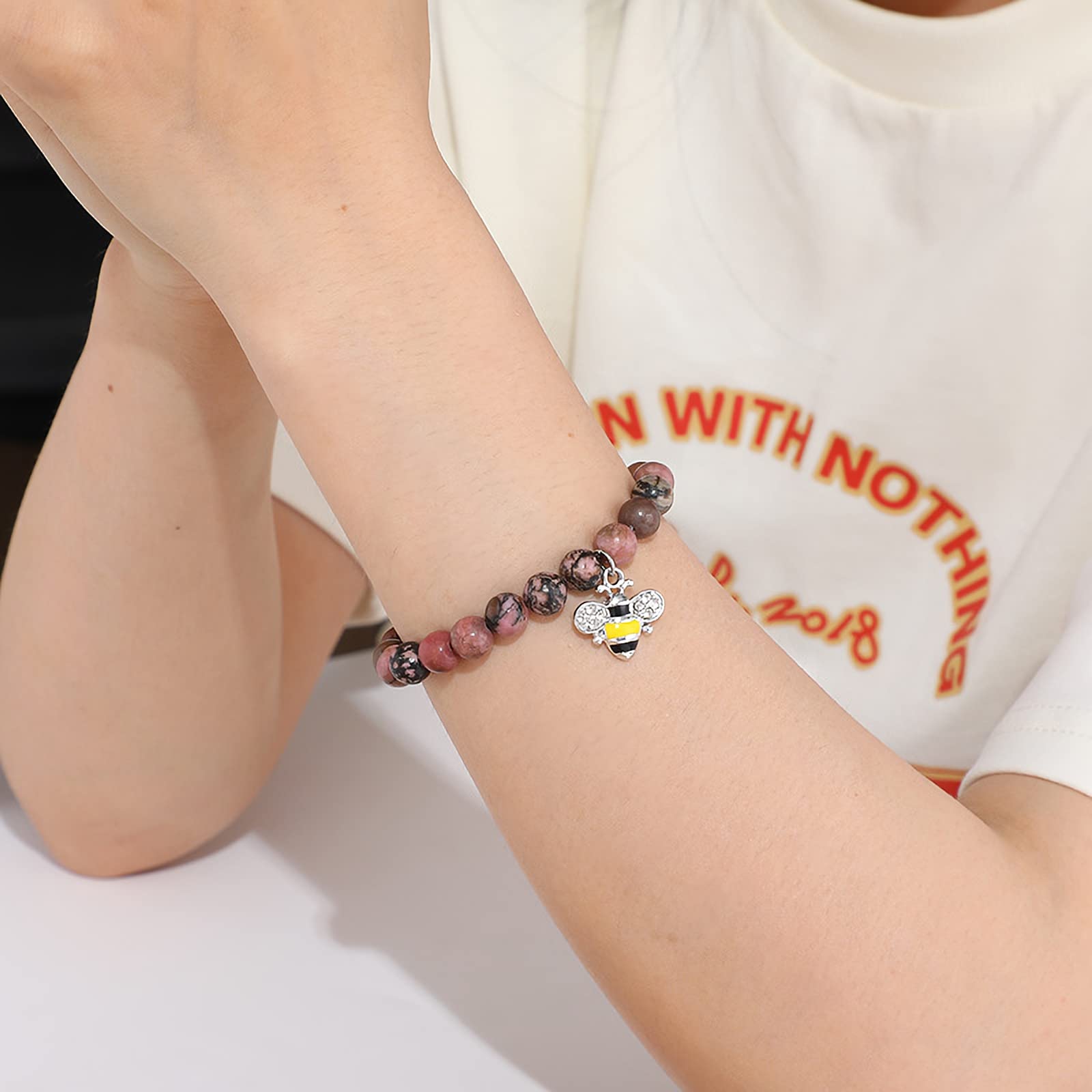 Teacher Bracelet Gift for Women - Natural Stone Jewelry with Apple Bee Charm for Graduation & Appreciation - Class of 2024