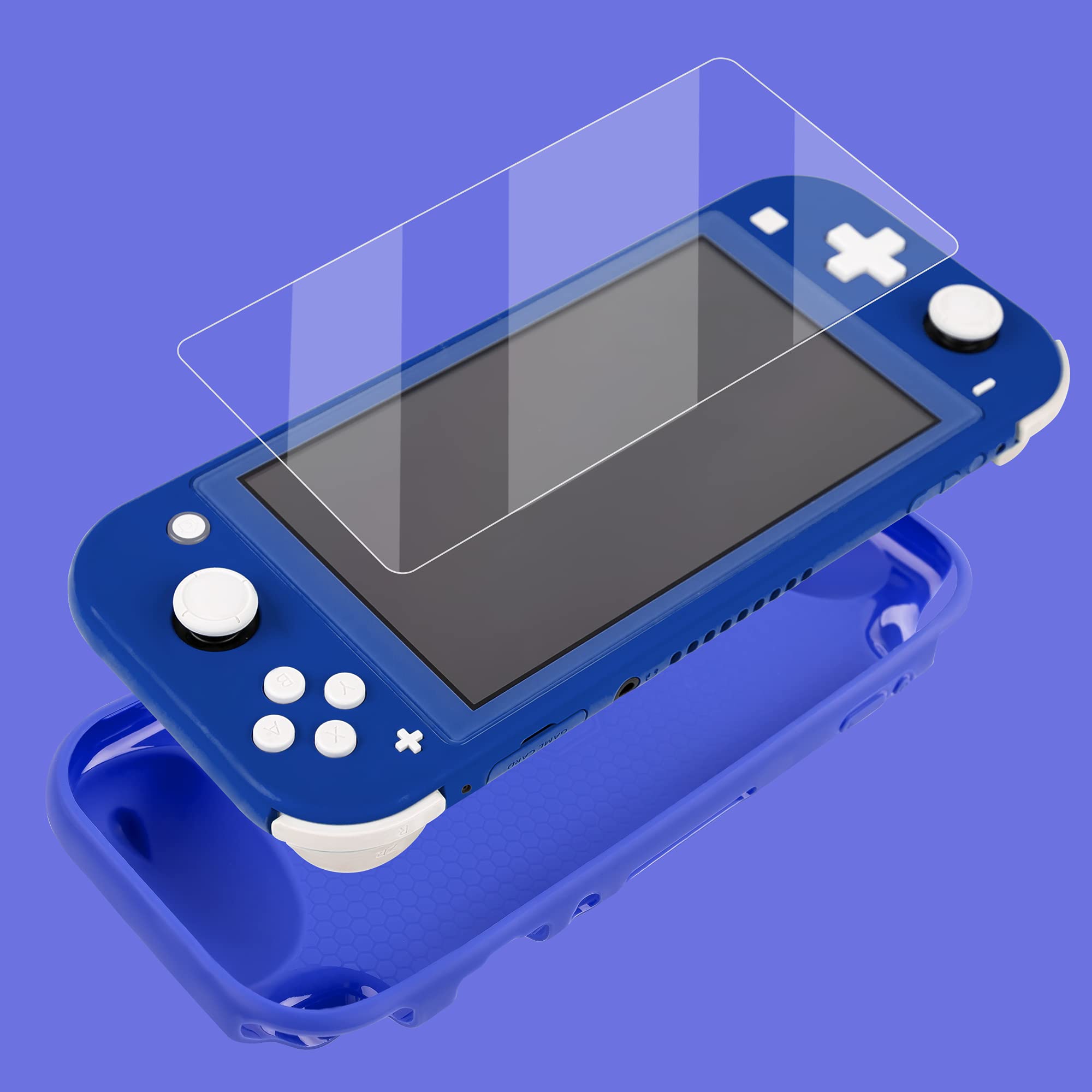 Nintendo Switch Lite Protective Case - Soft Grip TPU Cover with Ergonomic Handles & 4 Thumb Stick Caps | Self-Standing Design | Perfect for Gaming On-The-Go (Blue)