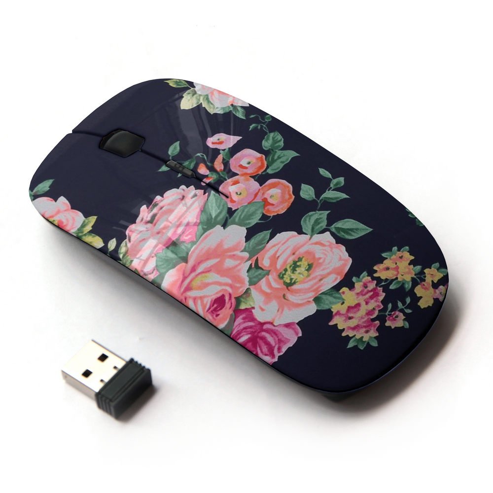 2.4G Wireless Optical Mouse with Rose Black Vignette Floral Design - Ergonomic USB Computer Mouse for Laptop, PC, Mac - Perfect for Office, Home & Travel Use