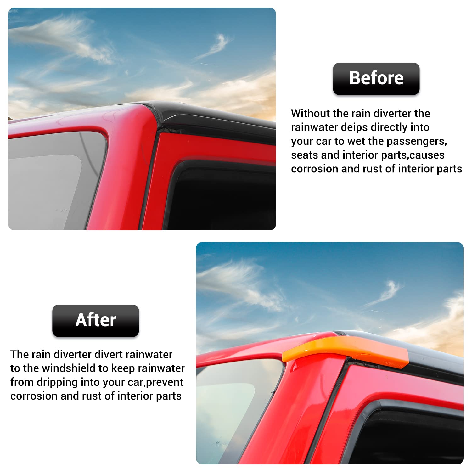 CheroCar ABS Hardtop Rain Diverter & Gutter Extensions - Water Deflector Exterior Accessories for Jeep Wrangler JK (2011-2017 Models) - Orange - Perfect for Off-Roading & Rain Protection