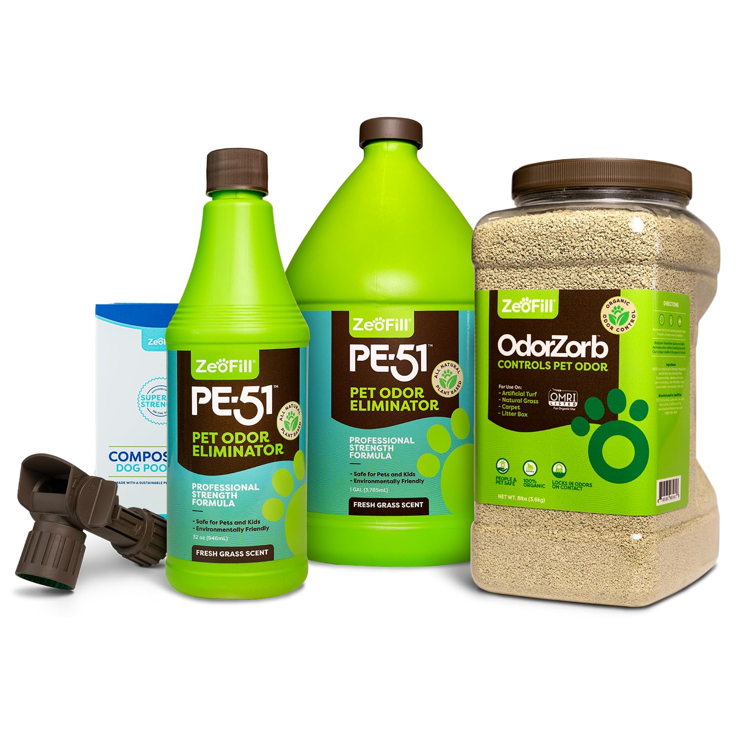 Zeofill® Artificial Turf Cleaner & Pet Odor Eliminator Premium Bundle – 8LBS OdorZorb, 1 Gal PE-51, 32oz PE-51 with Nozzle & Free 120ct Dog Waste Bags – Organic & Natural Solution for Synthetic Grass, Lawn, Litter Box – Perfect for Backyards, Dog Parks & Pet Areas