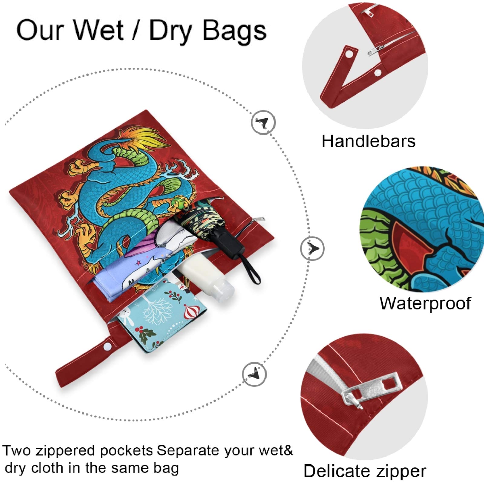 Visesunny Blue Dragon 2Pcs Wet Bags with Zippered Pockets - Washable & Reusable Waterproof Storage for Travel, Beach, Pool, Daycare, Stroller, Diapers, Gym Clothes & Swimsuits - Perfect for Wet Items, Toiletries & Baby Essentials