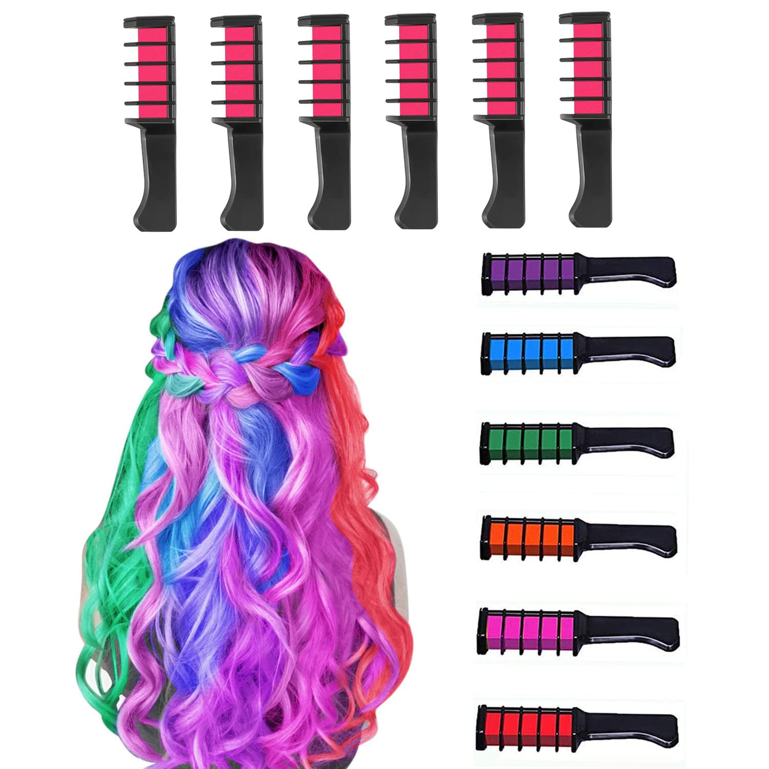 MSDADA 6-Piece Hair Chalk Comb Set with 6 Fluorescent Pink Hair Chalks - Temporary Washable Hair Color Dye for Girls & Kids | Perfect for Birthday, Christmas Gifts, Parties, Halloween Costumes & DIY Styling