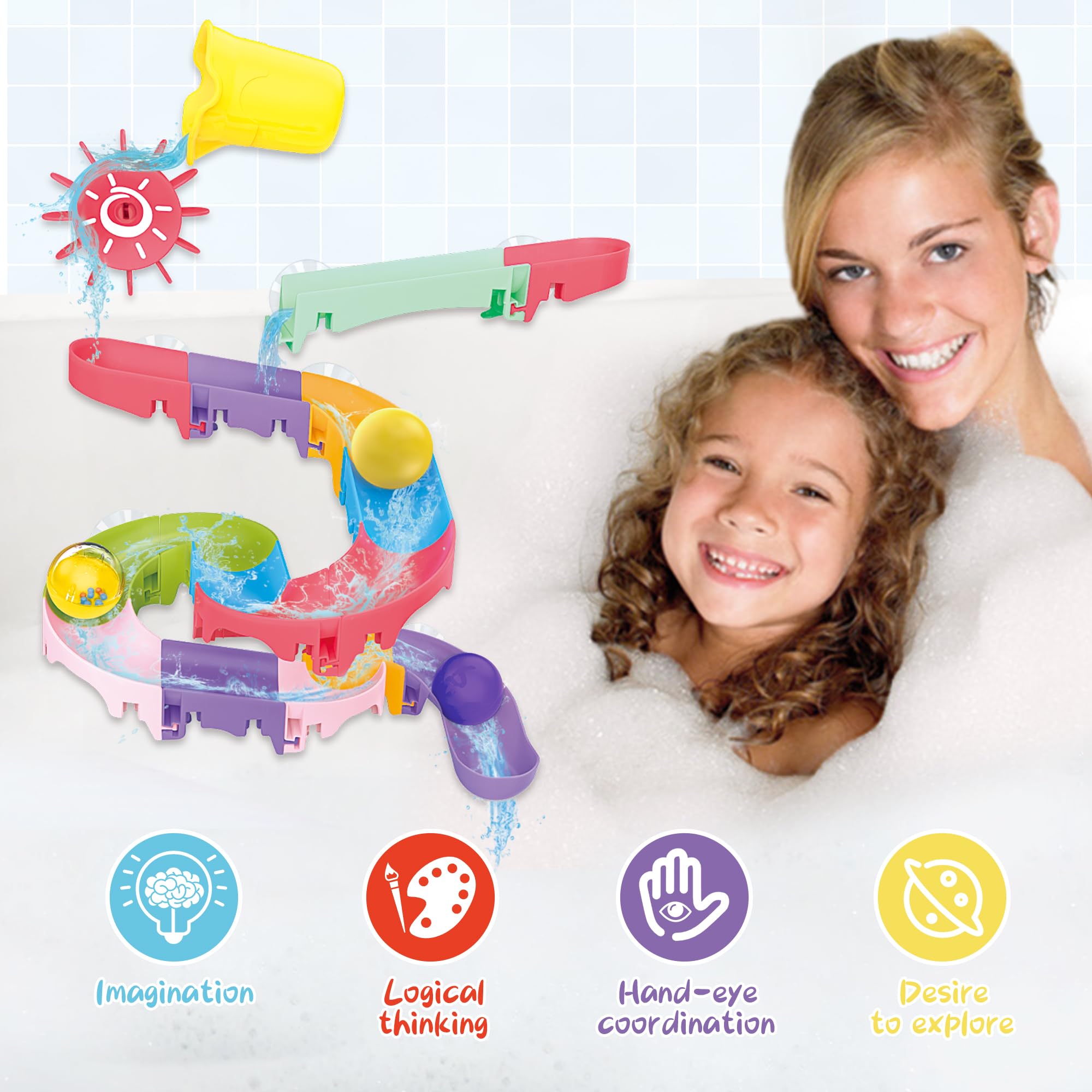 Taseyok Toddler Bath Toys for Kids - DIY Bathtub Toys with Suction Cups, Fun Baby Shower & Bath Time Slide Track Toys - Perfect Birthday Gift for Boys & Girls Ages 3-7 - Great for Sensory Play & Water Learning Activities