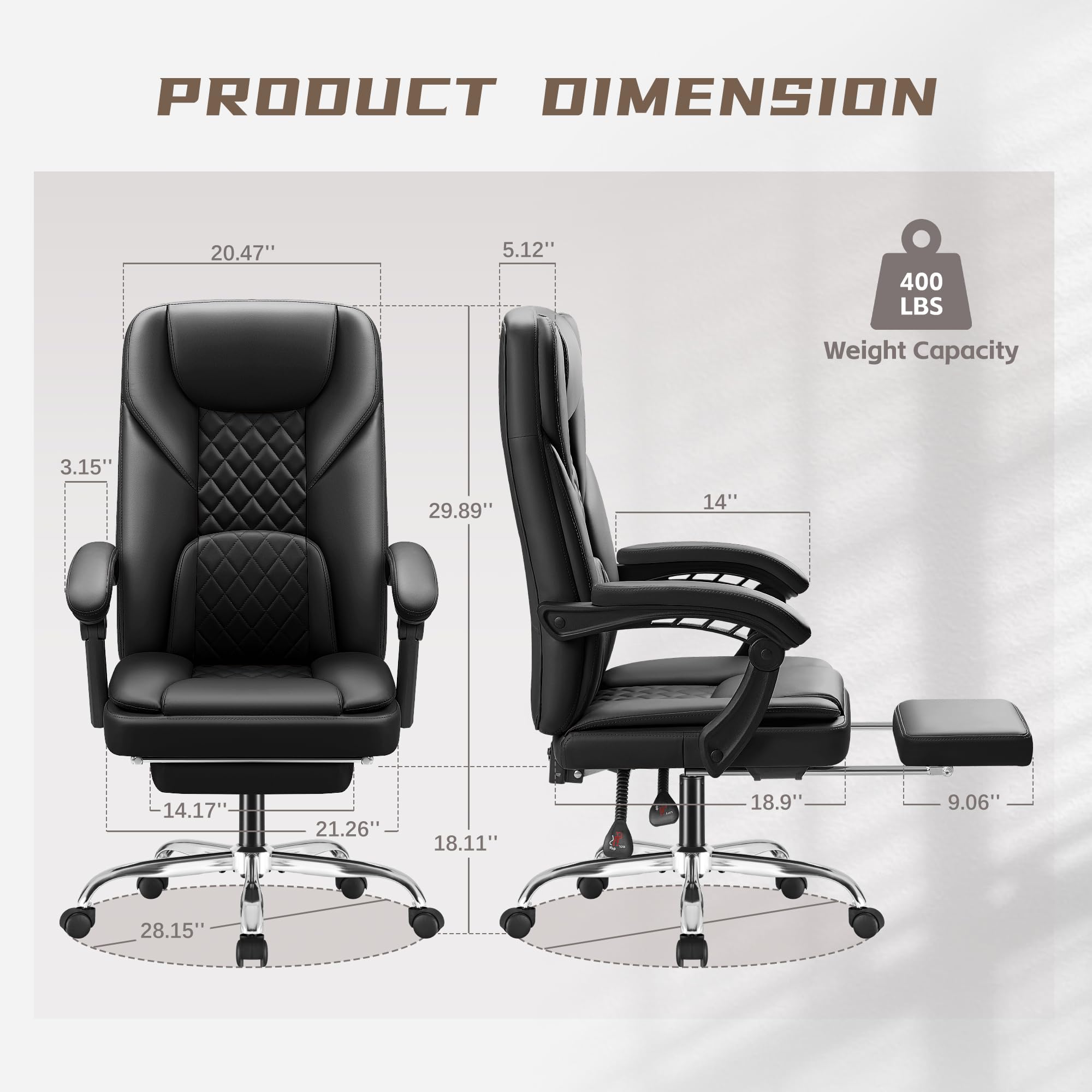 Furmax Ergonomic High Back Office Chair with Footrest - 400lbs Weight Capacity, 90-155° Reclining Leather Executive Desk Chair, Swivel Task Chair with Wheels (Black) - Perfect for Home Office, Gaming & Computer Workstations