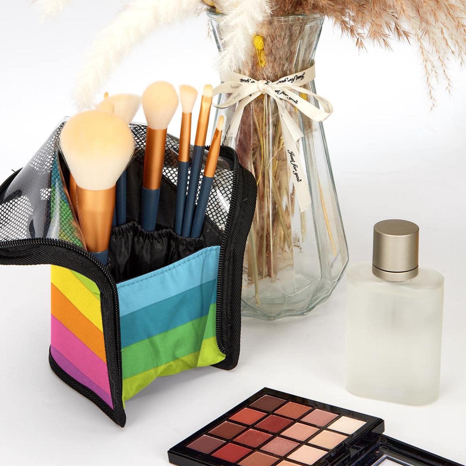 12-Piece Makeup Brush Organizer Bag with Portable Holder Case - Modern Rainbow Stripe Design for Travel & Home Storage | Perfect Cosmetic Brush Set for Makeup Artists & Beauty Enthusiasts