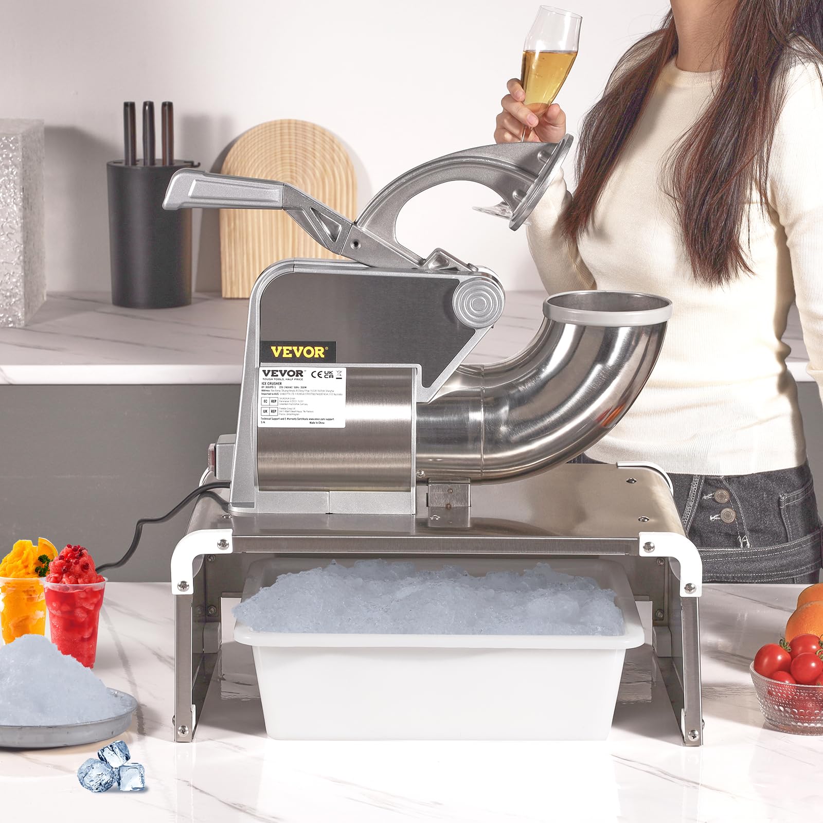 VEVOR 110V Commercial Snow Cone Machine - 661LB/H Electric Ice Shaver with Dual Blades & 20QT Stainless Steel Ice Basin, 250W High-Speed (1420RPM) Shaved Ice Maker for Parties, Events, and Business Use - Perfect for Summer Treats, Concessions, and Frozen Desserts