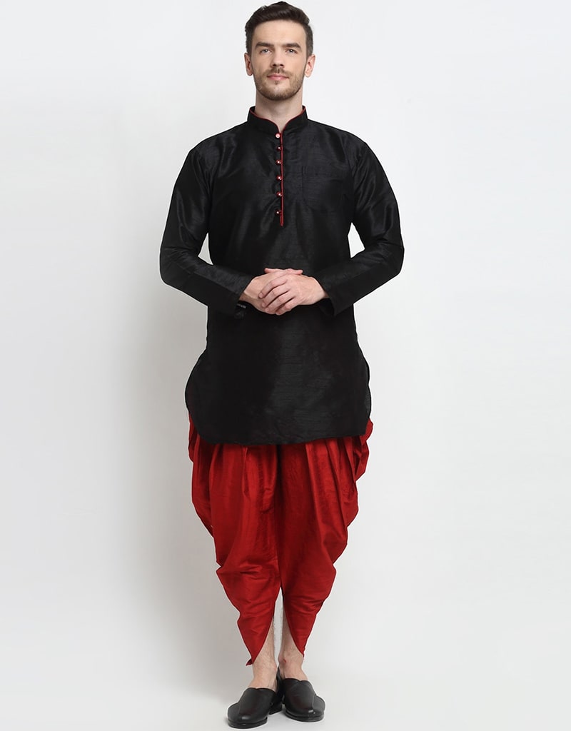 Elegant Black Kurta Art Dupion Dhoti Set for Men - Traditional Indian Ethnic Wear for Weddings & Festivals