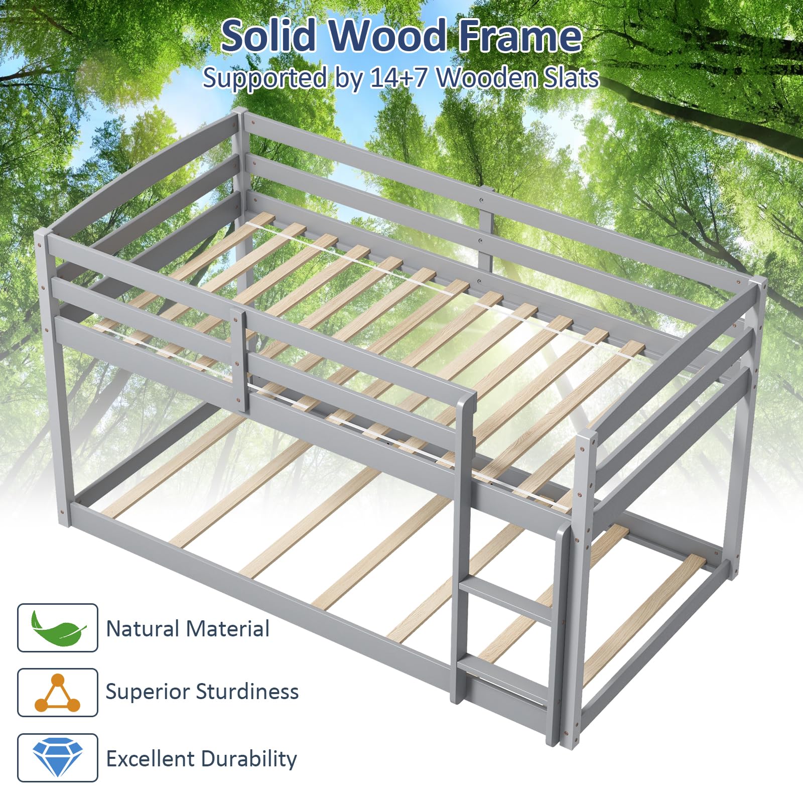 Giantex Twin Low Bunk Bed Frame - Solid Wood Twin Over Twin Bunk Bed with Full Guardrails & Built-in Ladder - Kids Bunk Beds for Boys and Girls - No Box Spring Required - Grey - Perfect for Small Bedrooms, Shared Kids Rooms, and Space-Saving Sleep Solutions