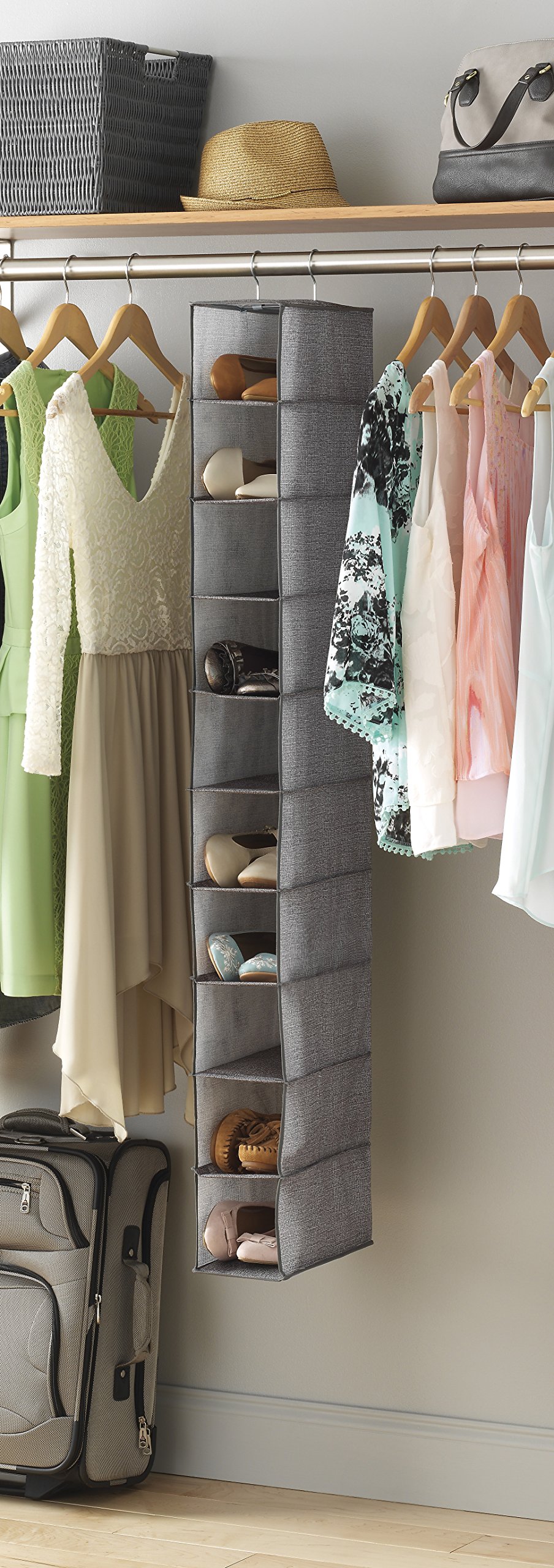 Whitmor Hanging Shoe Organizer - Space Saving Closet Storage Shelf for Sneakers, Sandals & Flip Flops | Crosshatch Gray | Perfect for Small Spaces, Dorm Rooms & Apartment Closets