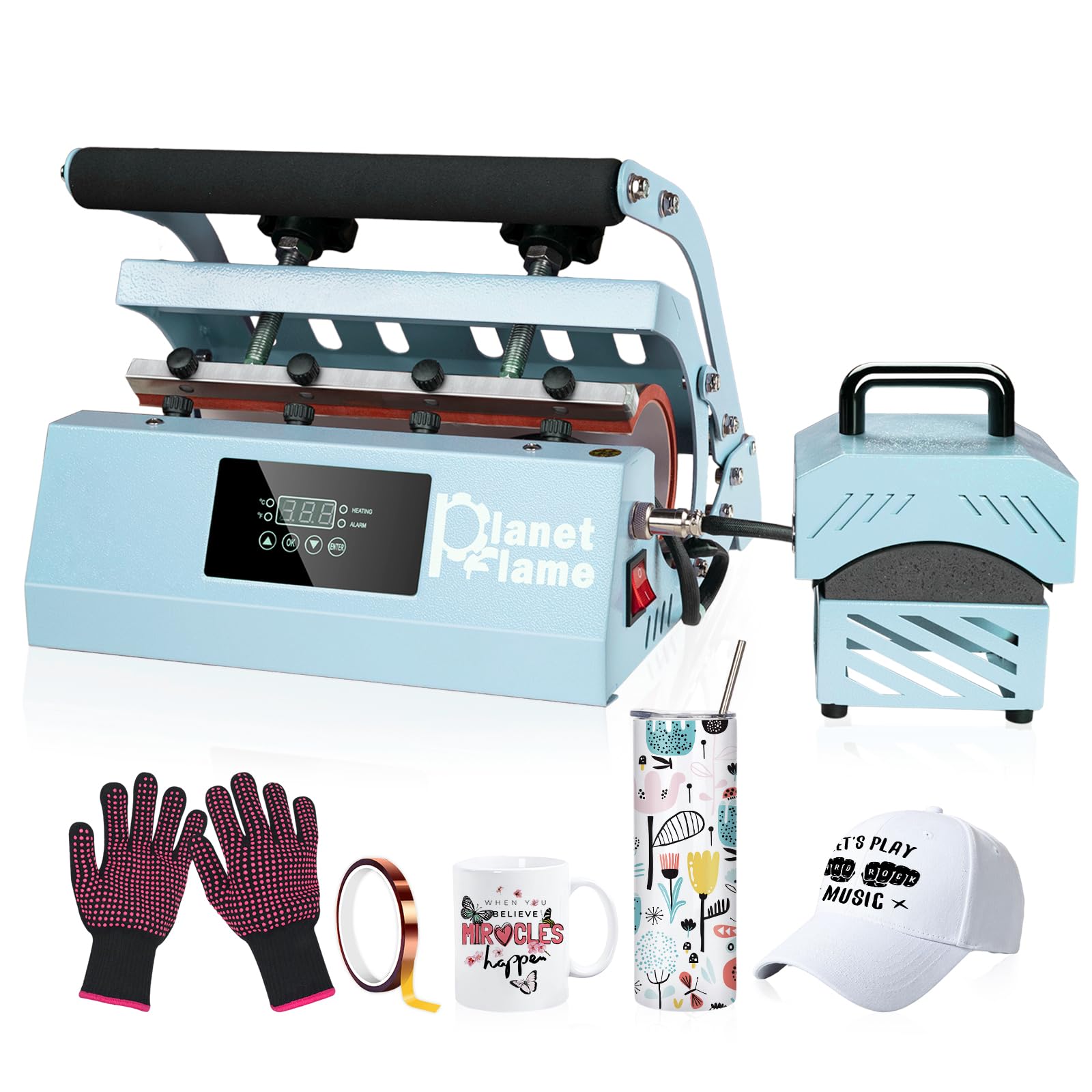 2-in-1 Heat Press Machine for Sublimation Tumbler (11oz-30oz) & All Caps - Includes Gloves & High Temp Resistant Tape - Perfect for DIY Custom Cups & Hats at Home or Small Business (Blue)