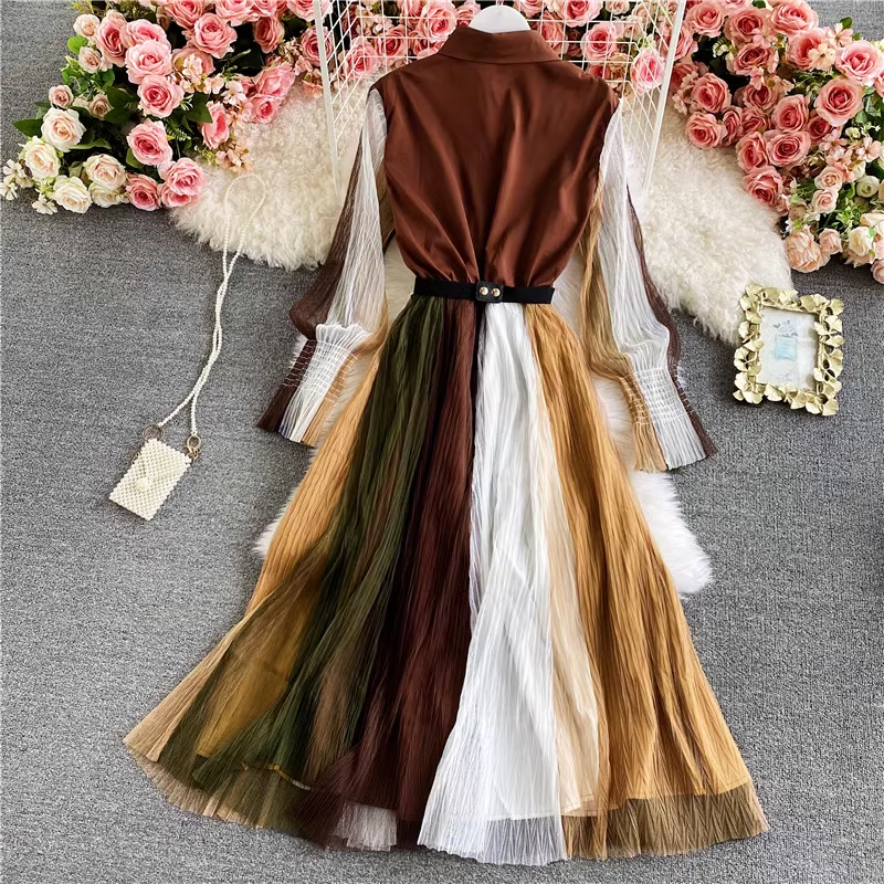Stylish Long Sleeve Mesh Polo Collar Swing Dress for Women - Perfect for Casual Outings, Office Wear & Evening Events