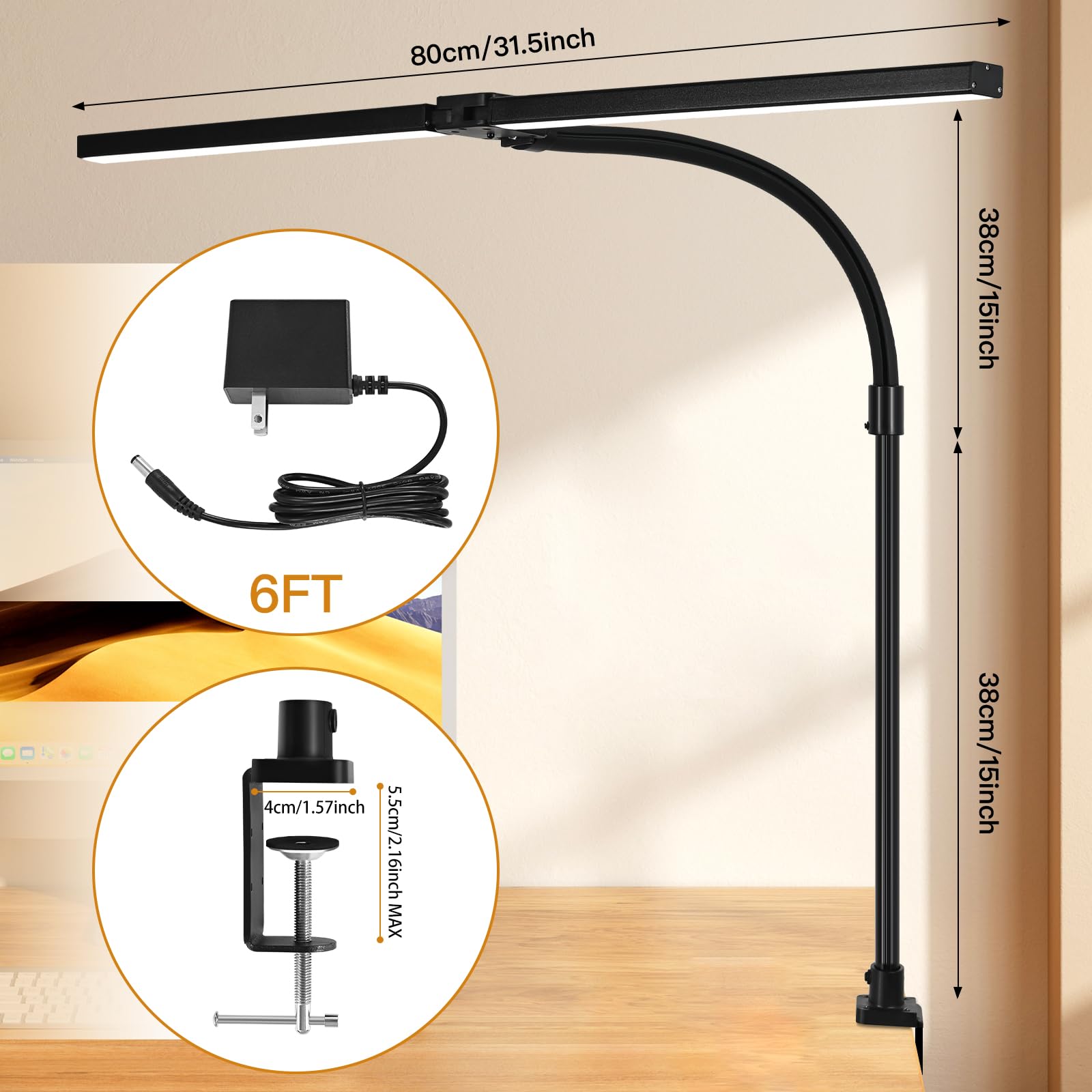 Double Head LED Desk Lamp with Remote Control - 24W Brightest Adjustable Office Light for Home, Study & Workbench - Anti-Glare Computer Lamp for Architects, Drafting & Reading (Perfect for Night Work & Eye Protection)