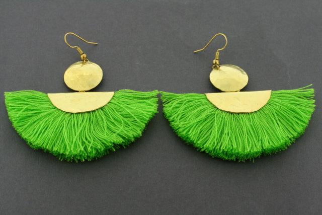 Vintage Brass Circle & Half Moon Tassel Earrings in Lime Green - Boho Chic Dangle Earrings for Women, Perfect for Festivals, Parties & Everyday Wear