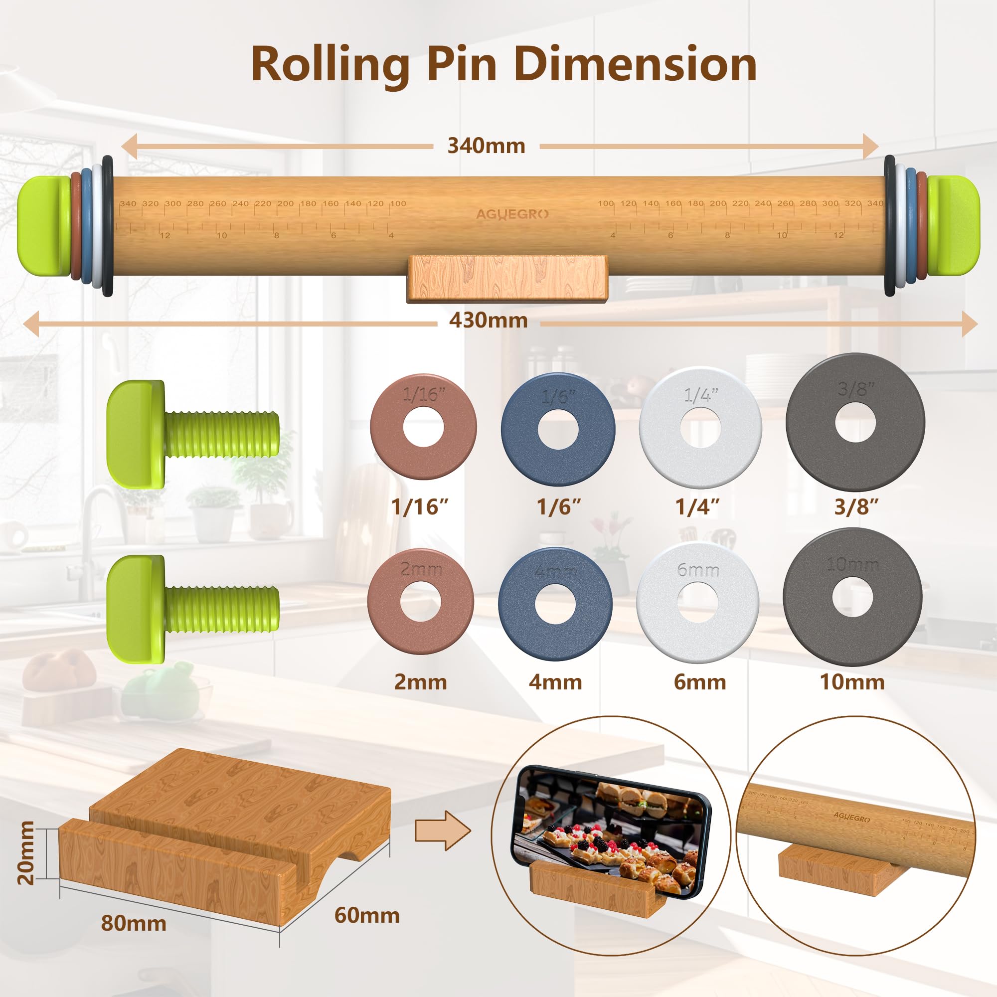 Adjustable Thickness Wooden Rolling Pin for Baking - 13.6
