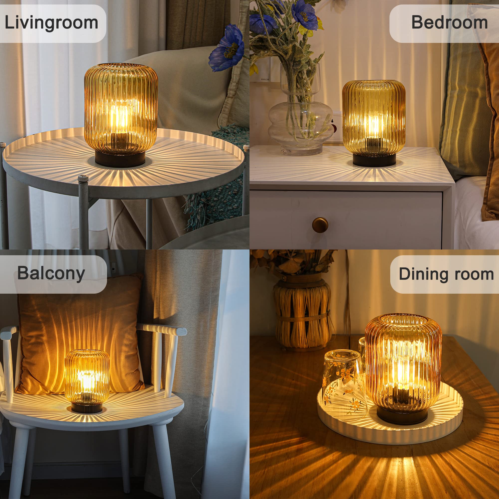 Battery Operated Table Lamp - Cordless LED Night Light with Decorative Glass Shade for Bedroom, Living Room & Home Decor - Gold | Perfect for Reading, Nightstand & Mood Lighting