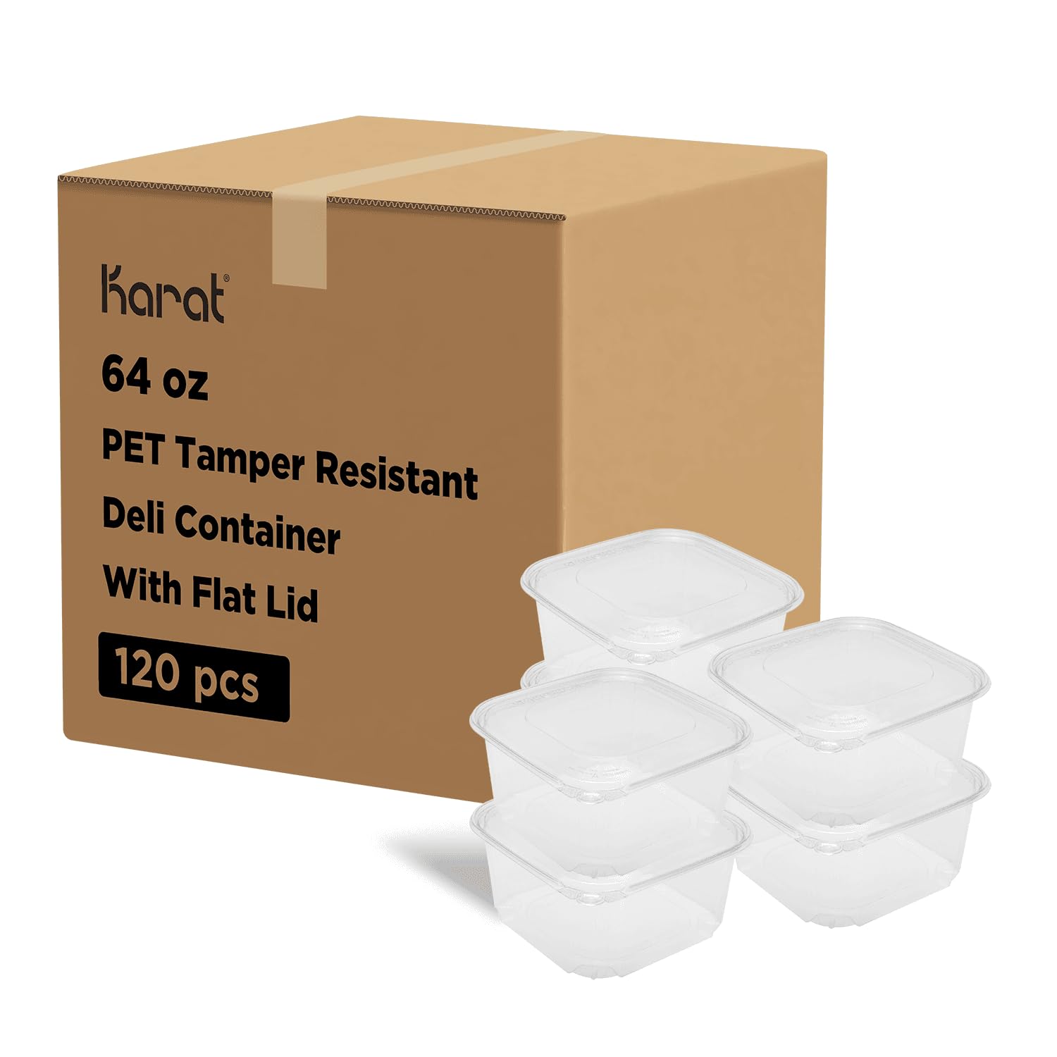 64oz - 120 ct PET Tamper Proof Square Deli Containers with Flat Lids | Stackable Clear Food Storage Containers for Kitchen, Meal Prep, Dog Treats | Freezer Safe & Recyclable | Perfect for Restaurants, Catering & Home Organization