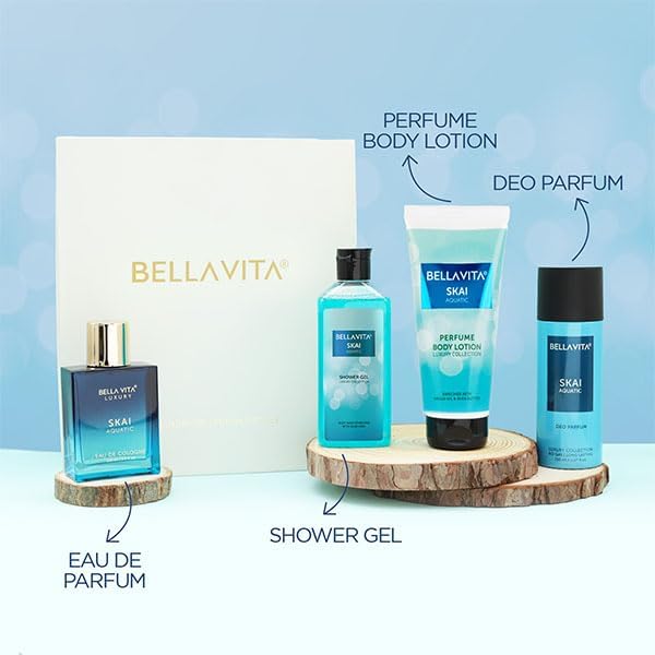 Bella Vita Luxury Skai Aquatic Gift Set - Aloe Vera Body Wash 250ml, EDC Perfume 100ml, Deodorant Body Spray 150ml & Body Lotion 200ml for Deep Cleansing & Hydration - Perfect for Spa Day, Gifts & Travel Essentials