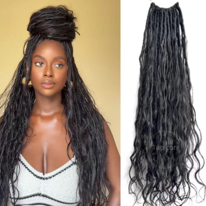 Pre-Lopped Crochet Boho Locs Braiding Hair with Human Hair Curls - 18inch 48 Strands (2 Pack) - Natural Body Wave Goddess Locs with Curly Ends for Boho Dreadlocks | Perfect for Protective Styles, Natural Hair Extensions & Festival Hairstyles