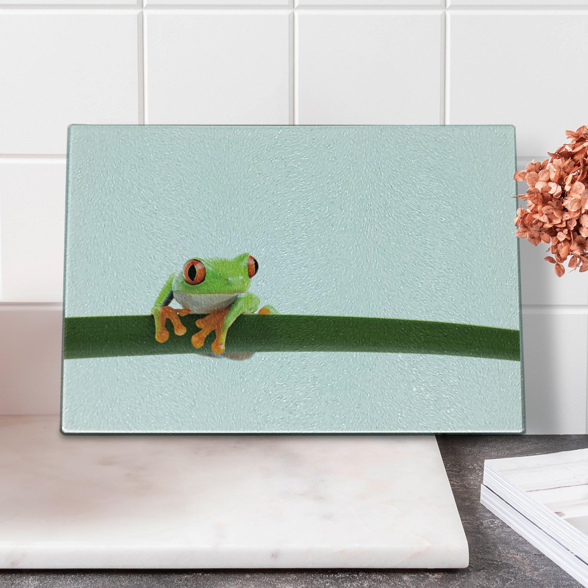 Ambesonne Green & White Tempered Glass Cutting Board - Red-Eyed Tree Frog Rainforest Design - Small Decorative Serving Board for Kitchen, Dining & Gifts - Perfect for Food Prep, Charcuterie & Home Decor