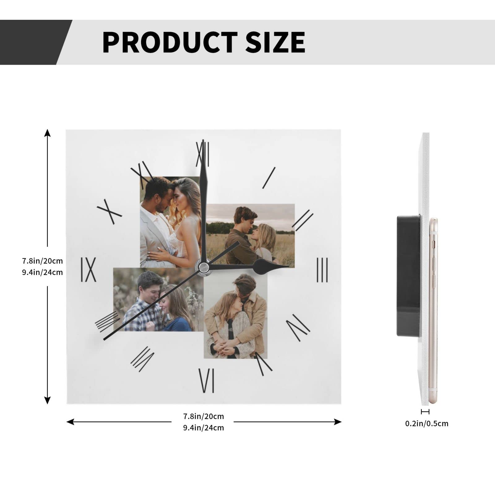 Custom Photo Wall Clock - 24cm Square Silent Electronic Clock for Living Room, Kitchen, Bathroom - Personalized Text & Picture Home Decor - Perfect for Housewarming Gifts & Modern Interior Design