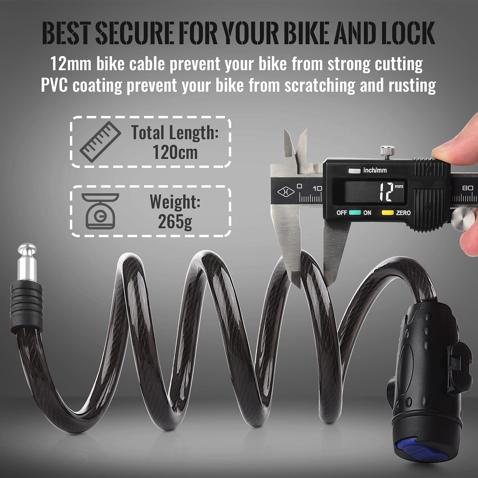 Diyife 4ft Heavy Duty Bike Cable Lock - 12mm Thick Steel Coiled Security Lock with Key, Weatherproof Bicycle Lock for Motorcycle Scooter & Skateboard - Perfect for Urban Commuting, Parking & Outdoor Adventures