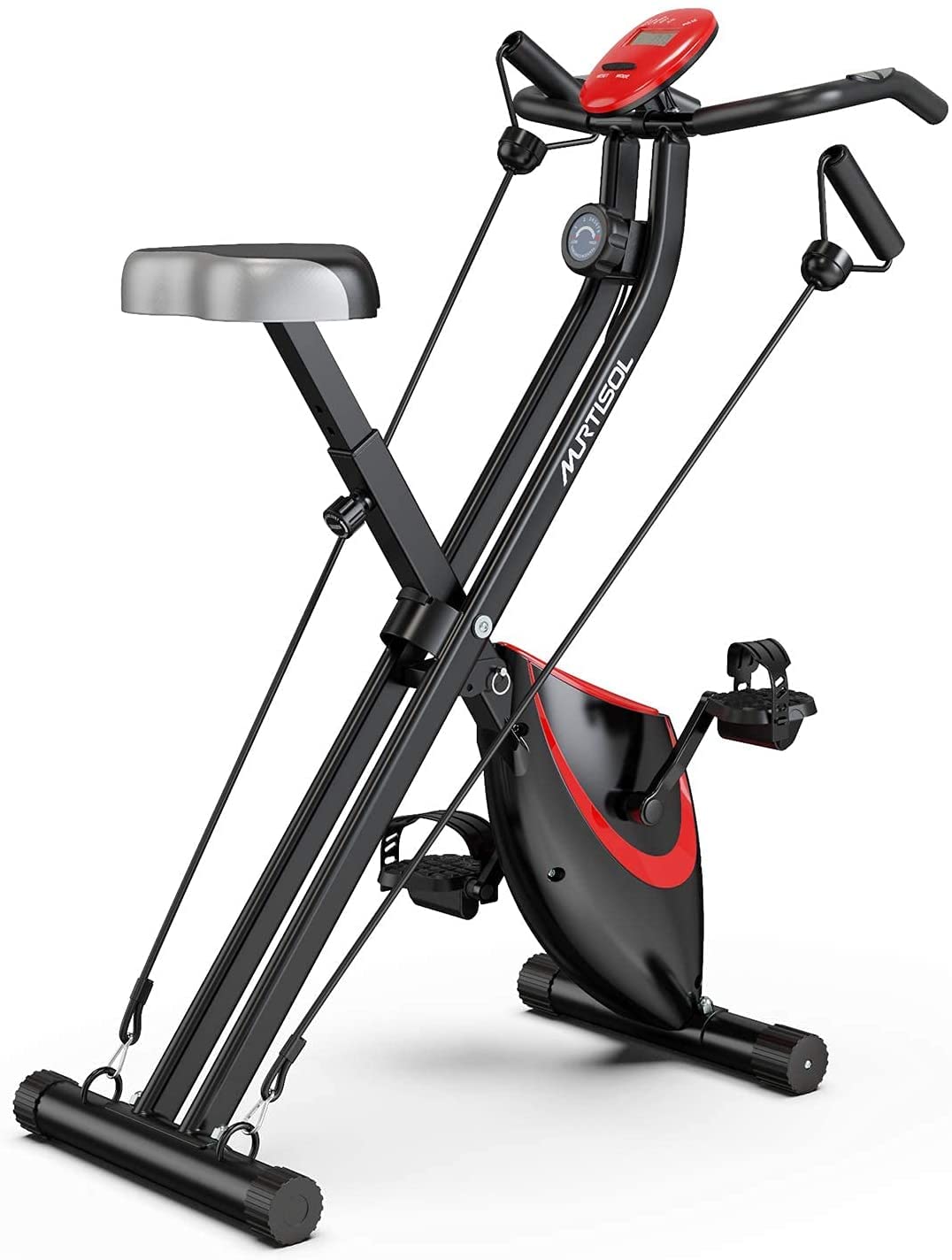 Valkynos Foldable Magnetic Exercise Bike for Home Gym - 2-in-1 Indoor Cycling Bike with Arm Resistance Bands, LCD Monitor & Comfort Seat | Compact Stationary Bike for Cardio Workouts, Small Spaces & Apartment Fitness