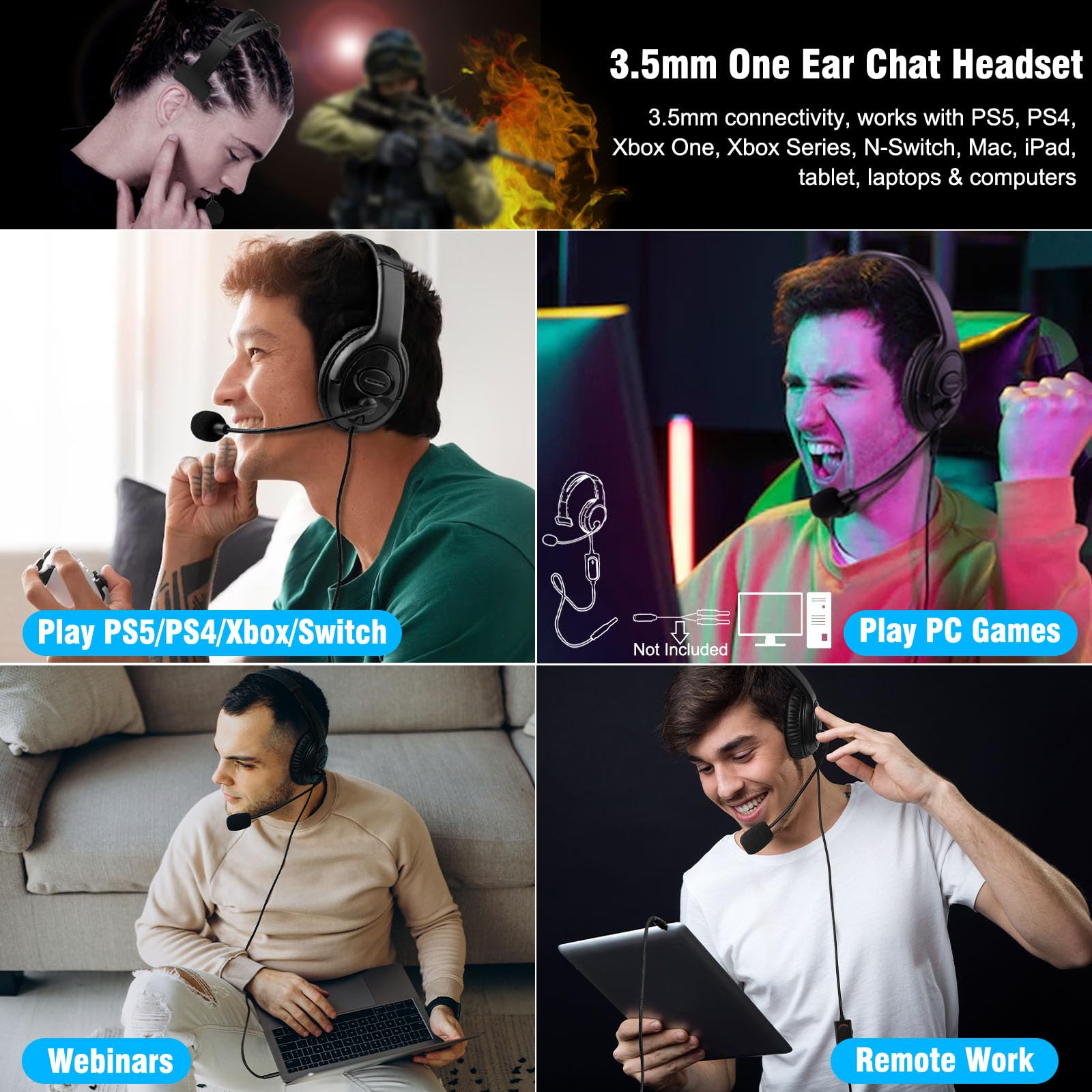 Joso Wired Single Ear Gaming Headset for PS5, PS4, Switch, Xbox, PC, iPad, Mac - 3.5mm Mono Headphone with Mic for Online Chat, Office Work, Coaching & Remote Meetings | Perfect for Gaming, Business Calls & Telecommuting
