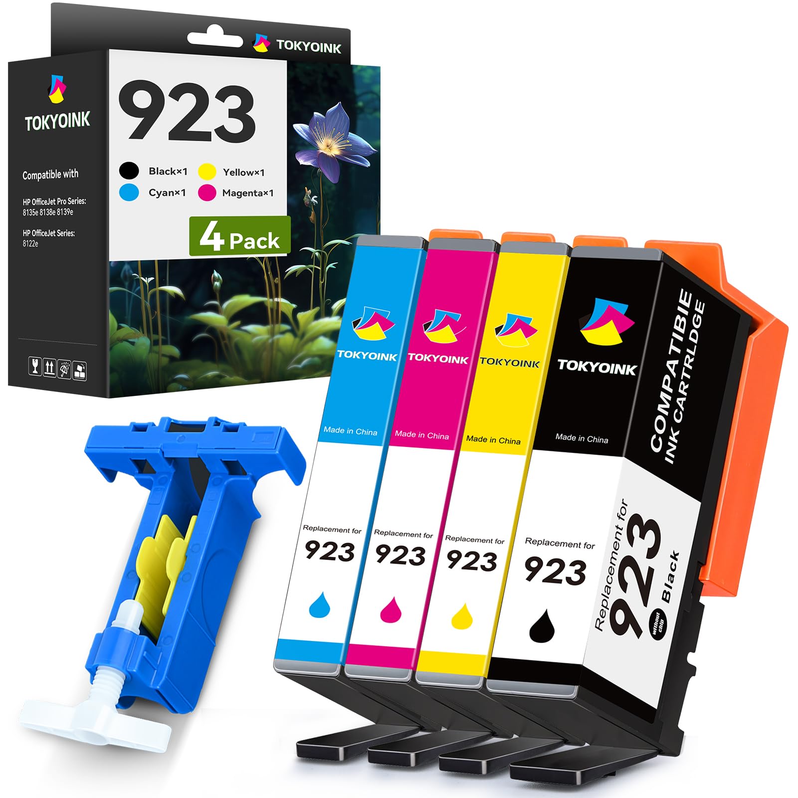 TOKYOINK 923 Ink Cartridges Combo Pack (4 Pack) - Replacement for HP 923 Ink Cartridges - Compatible with OfficeJet 8122e, Pro 8135e, 8138e, 8139e Printers - High-Quality Printer Ink for Home & Office Use